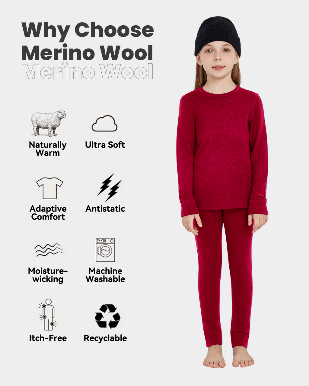 Woolcano Kid's 190g Merino Wool Unisex Base Layer Set Lightweight Thermal Underwear