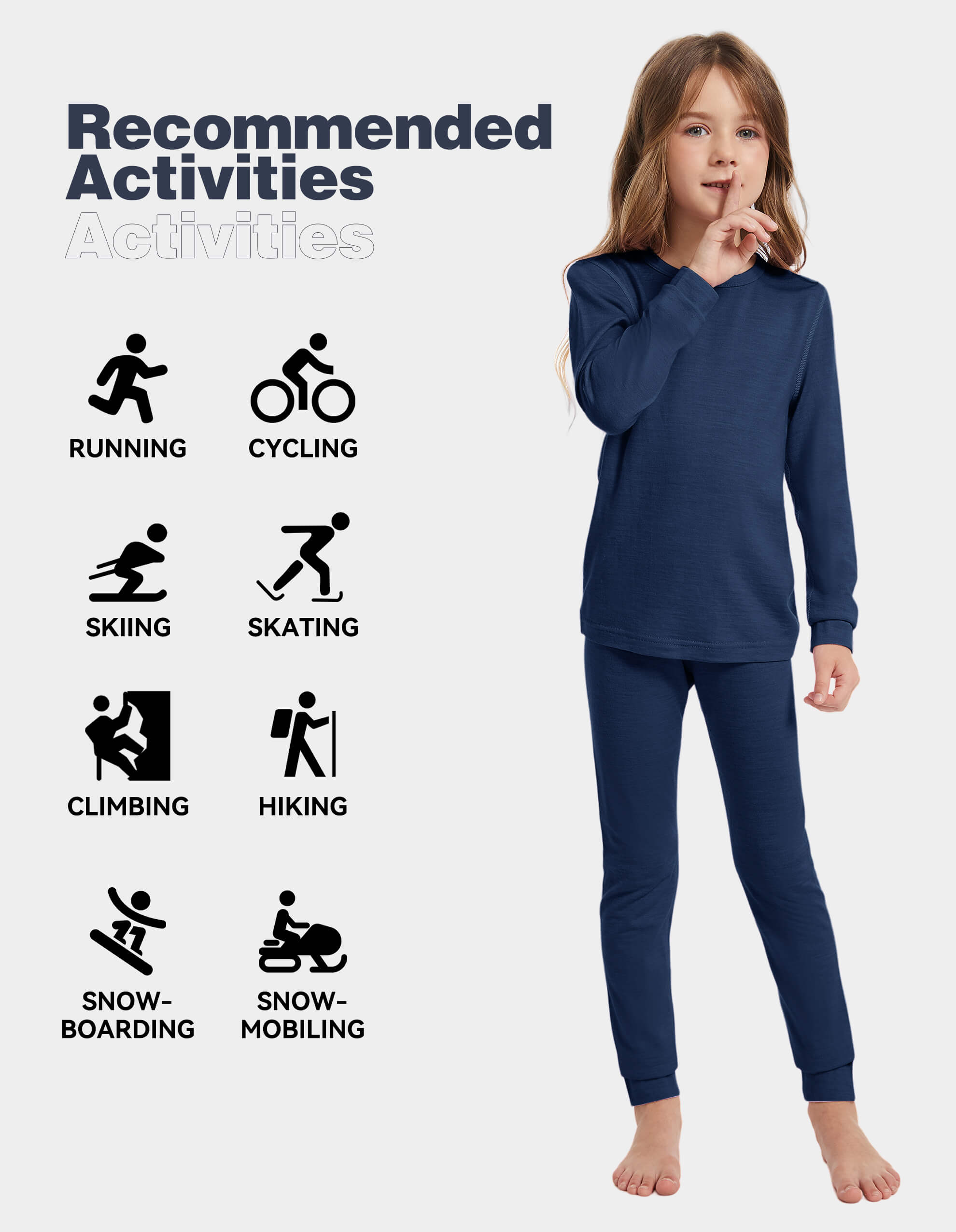 Woolcano Kids' 190 Merino Wool Unisex Base Layer Set Lightweight Thermal Underwear Set