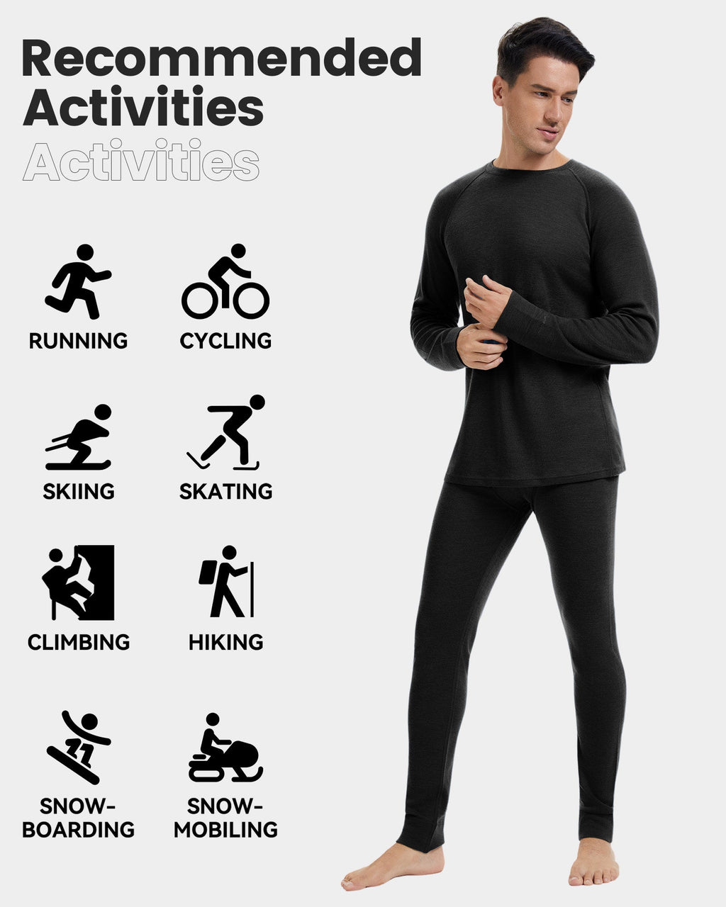 Woolcano Men’s 190g Merino Wool Base Layer Set Lightweight Thermal Underwear