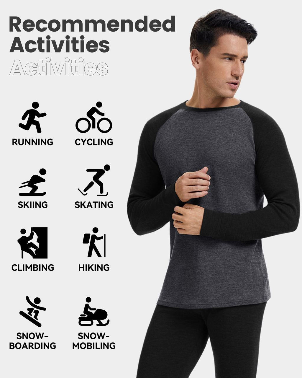 Woolcano Men’s 260g Merino Wool Base Layer Top Lightweight Thermal Underwear Shirt