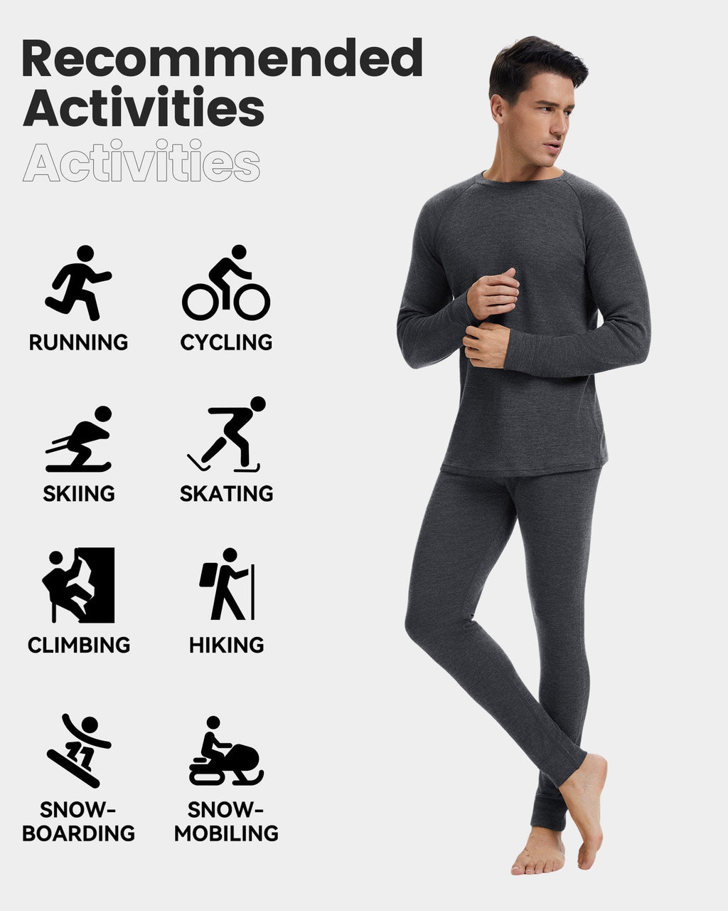 Woolcano Men’s 190g Merino Wool Base Layer Set Lightweight Thermal Underwear