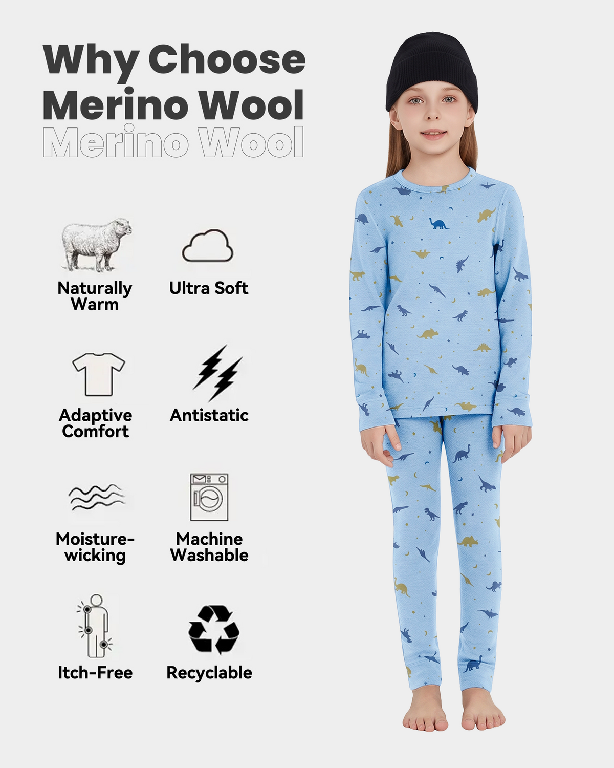 Woolcano Kid's 190g Merino Wool Unisex Base Layer Set Lightweight Thermal Underwear