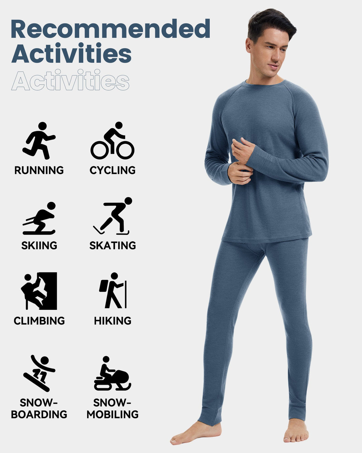 Woolcano Men’s 190g Merino Wool Base Layer Set Lightweight Thermal Underwear