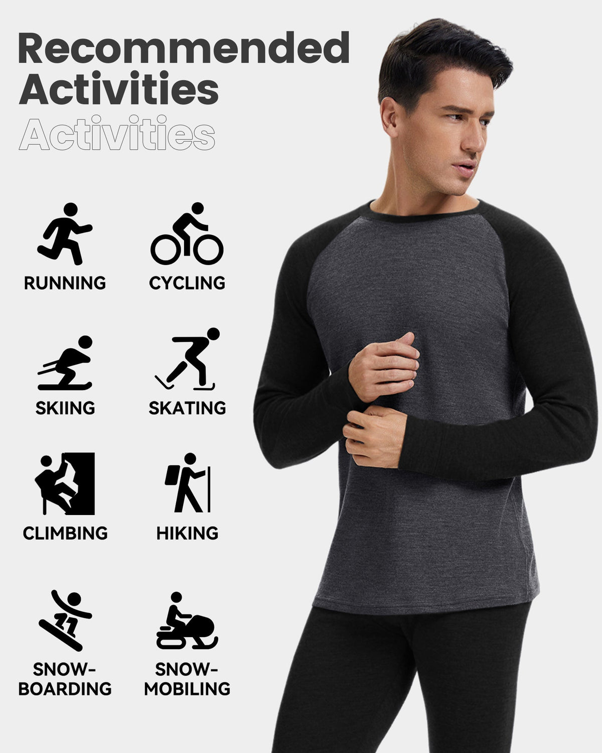 Woolcano Men’s 260g Merino Wool Base Layer Top Lightweight Thermal Underwear Shirt