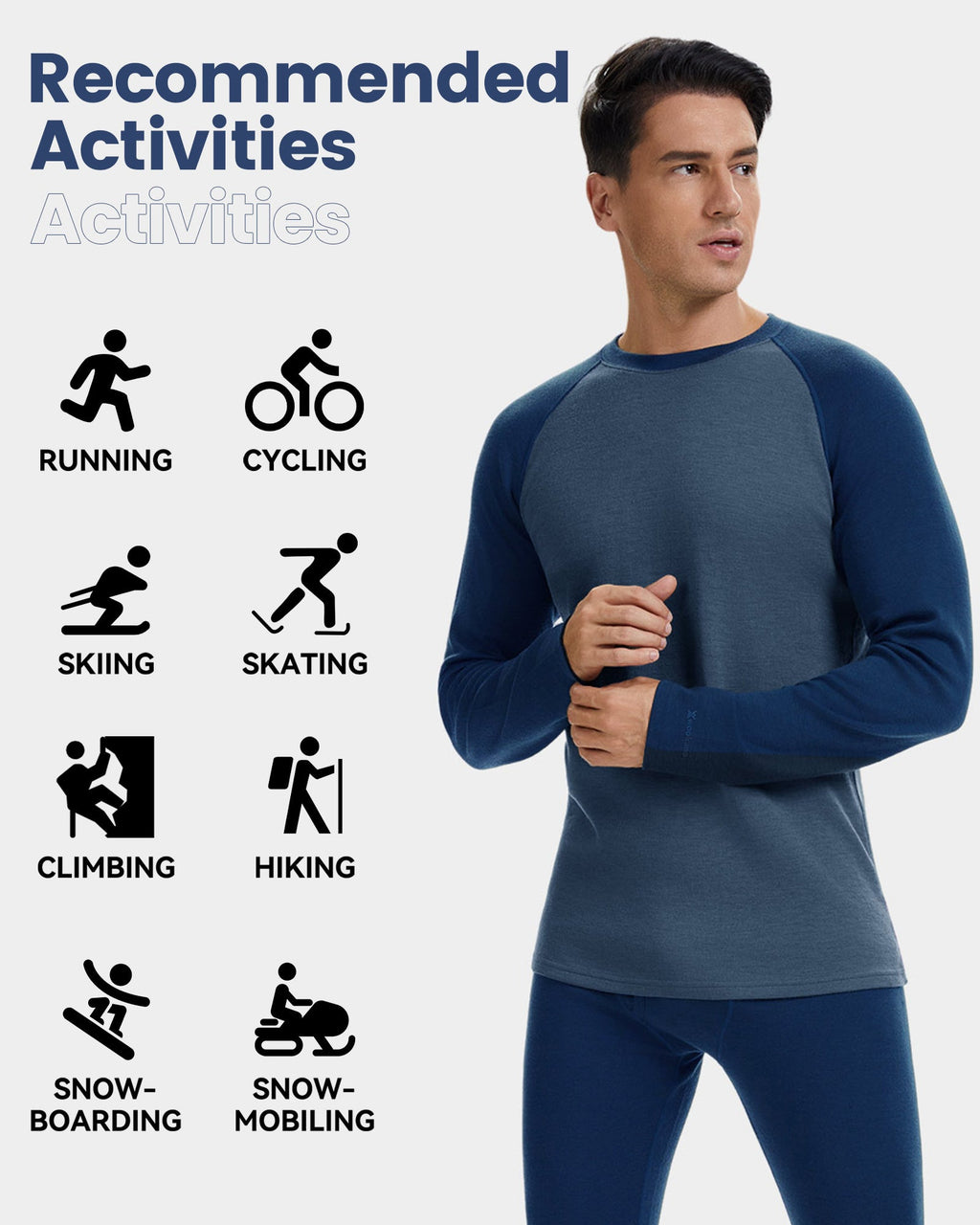 Woolcano Men’s 260g Merino Wool Base Layer Top Lightweight Thermal Underwear Shirt