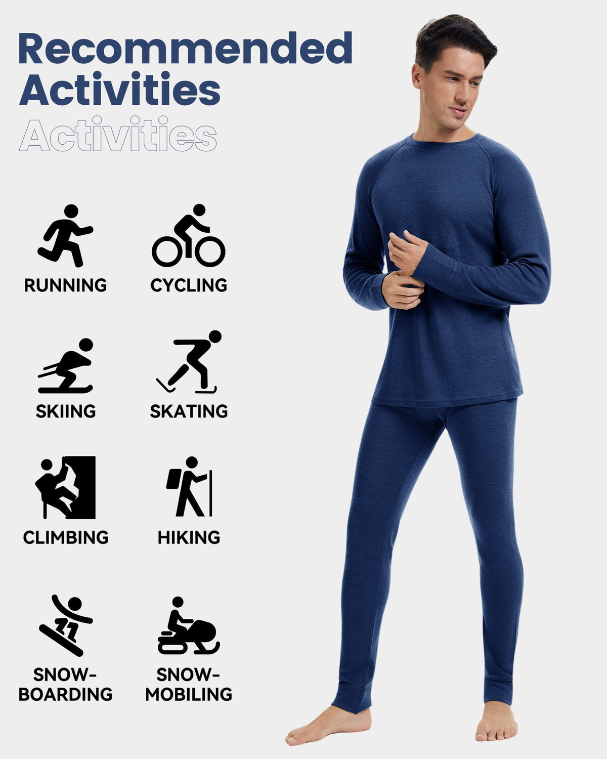 Woolcano Men’s 190g Merino Wool Base Layer Set Lightweight Thermal Underwear