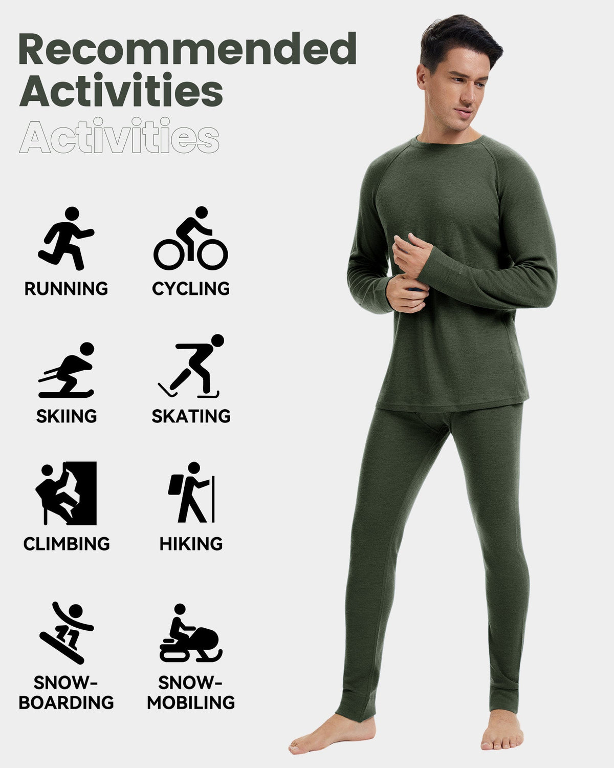 Woolcano Men’s 260g Merino Wool Base Layer Set Lightweight Thermal Underwear