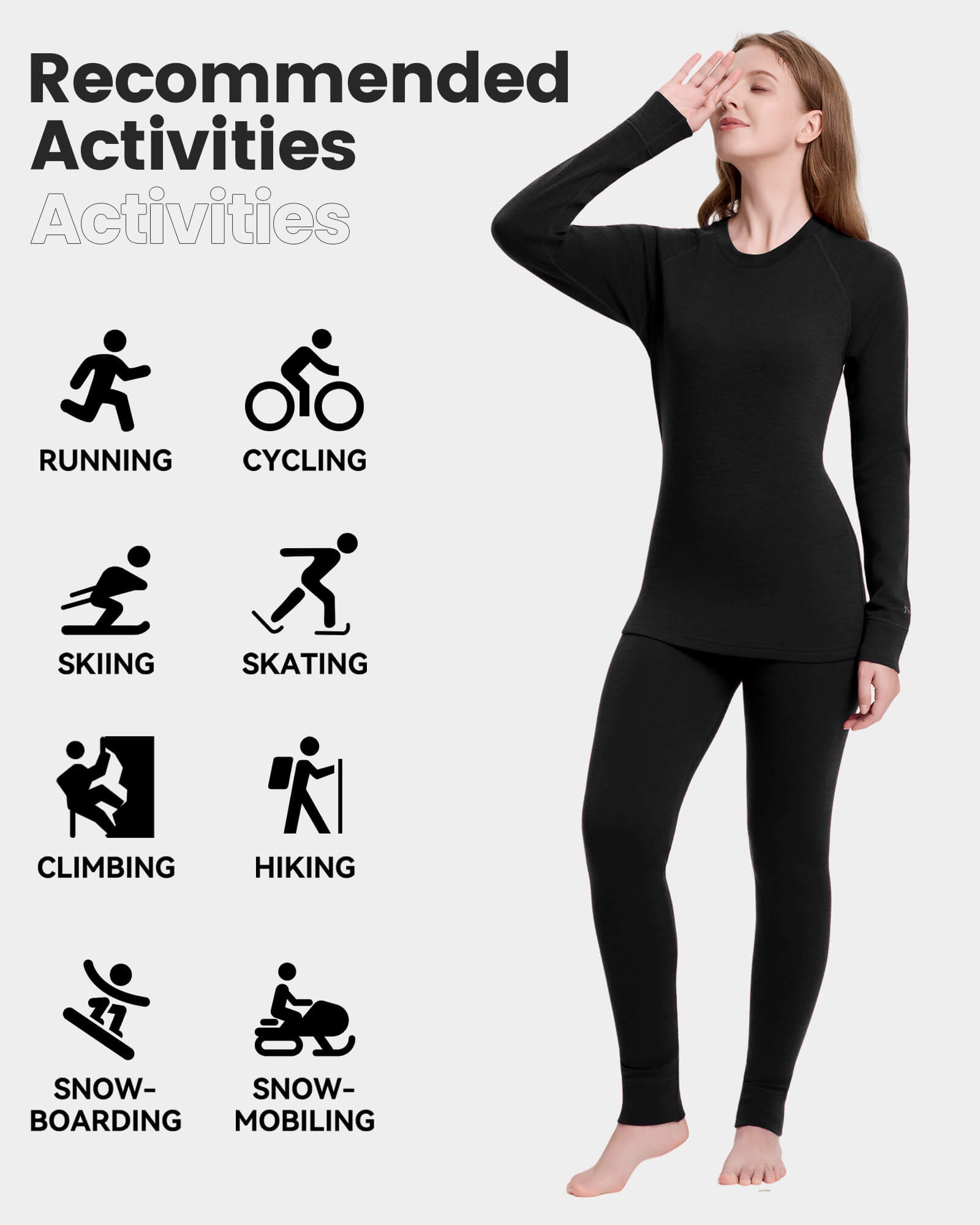 Woolcano Women's 190 Merino Wool Base Layer Set Lightweight Thermal Underwear Set