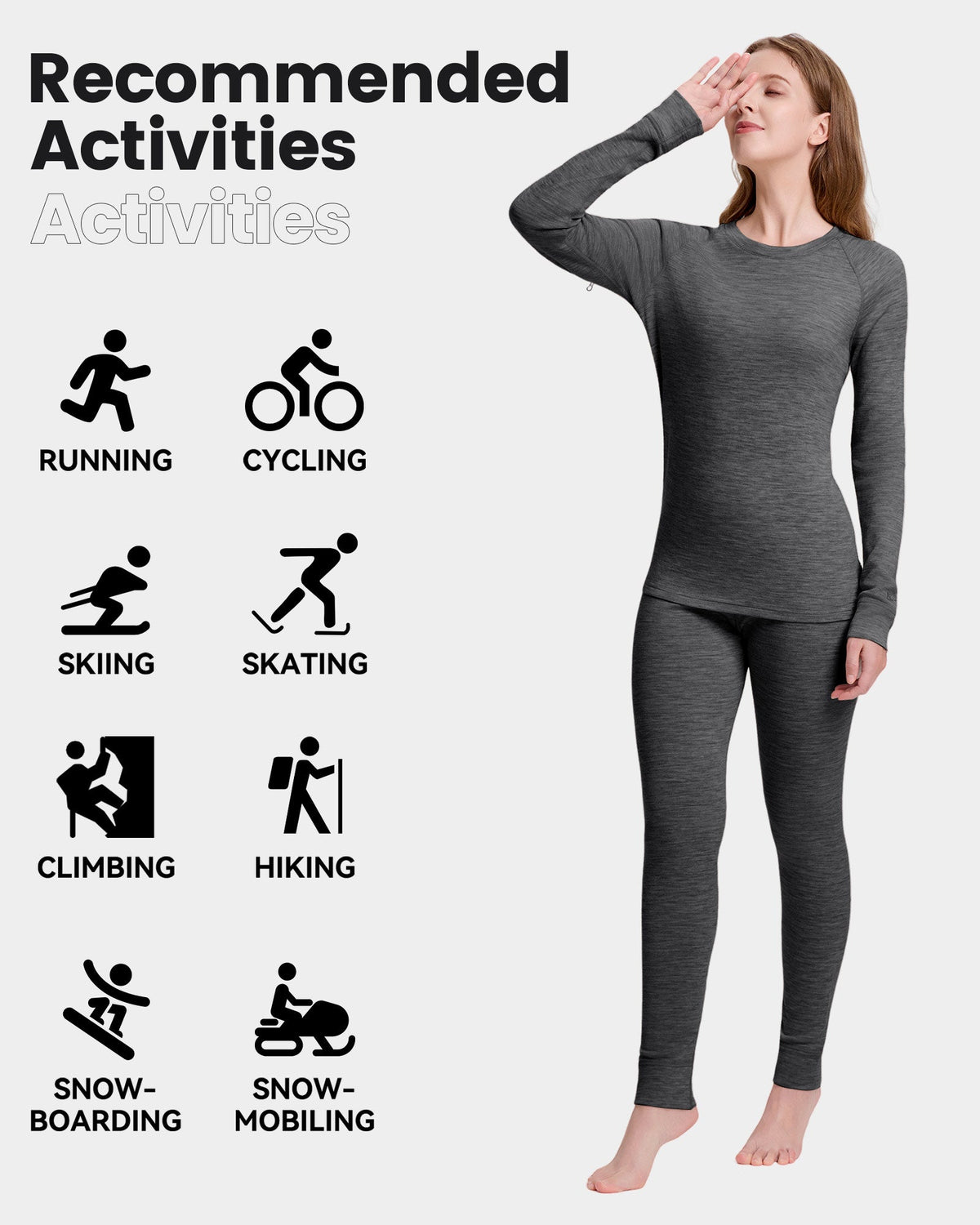 Woolcano Women's 260g Merino Wool Base Layer Set Lightweight Thermal Underwear