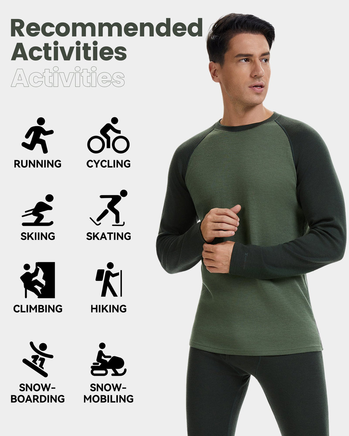 Woolcano Men’s 260g Merino Wool Base Layer Top Lightweight Thermal Underwear Shirt