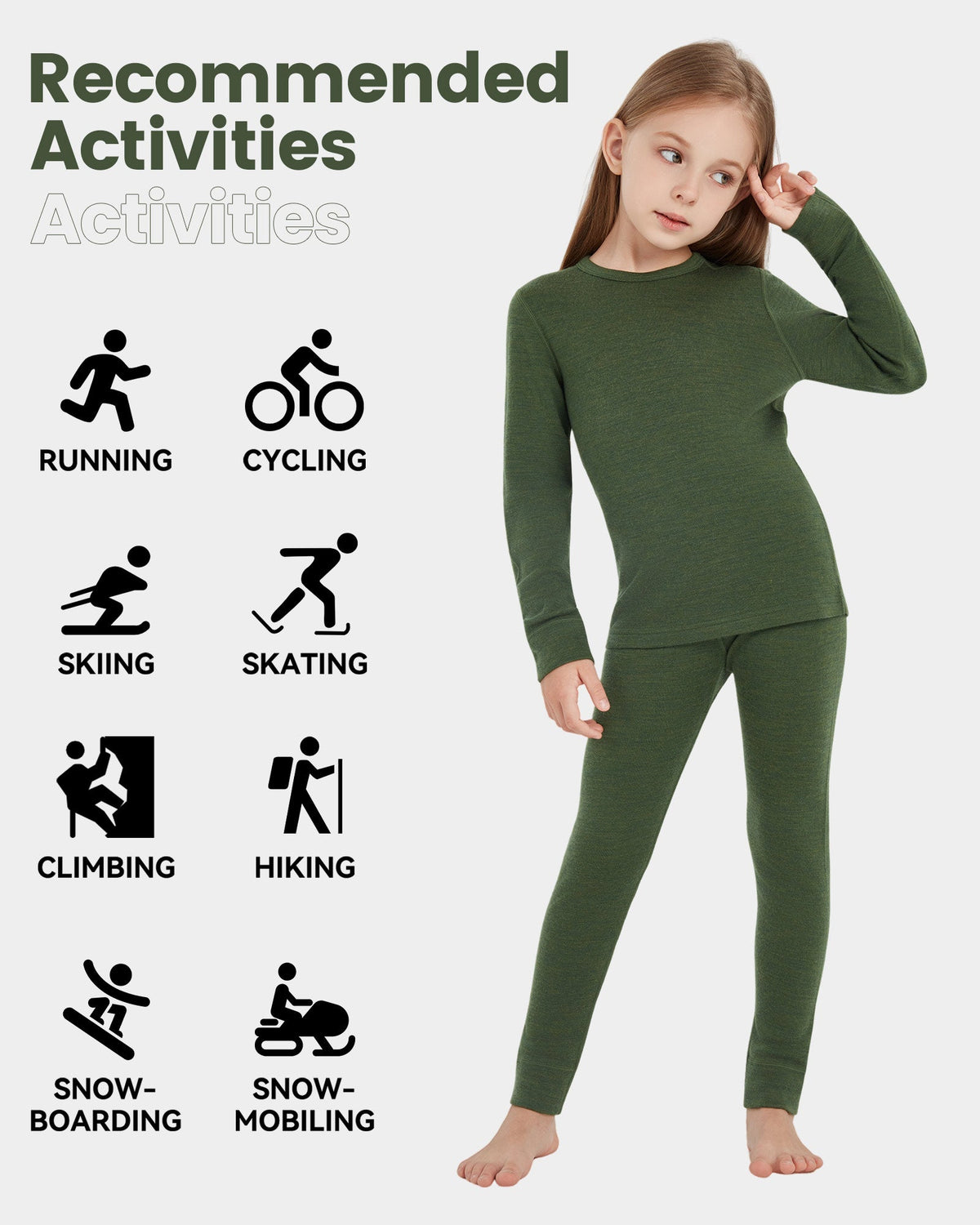 Woolcano Kid's 190g Merino Wool Unisex Base Layer Set Lightweight Thermal Underwear