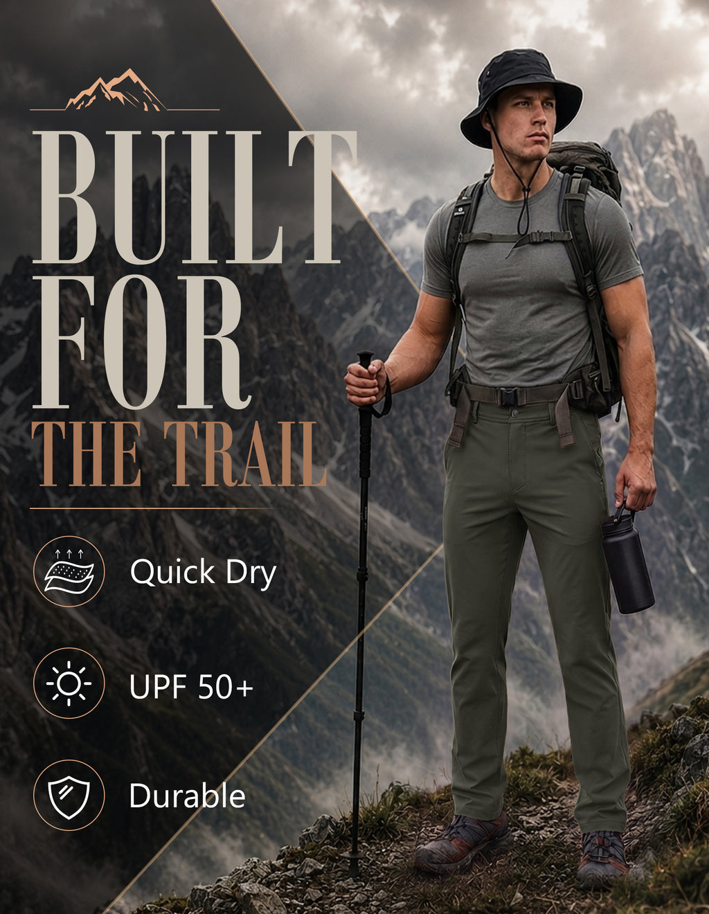 PULI Men's Hiking Pants 4-Way Stretch Quick Dry Water Resistant Lightweight