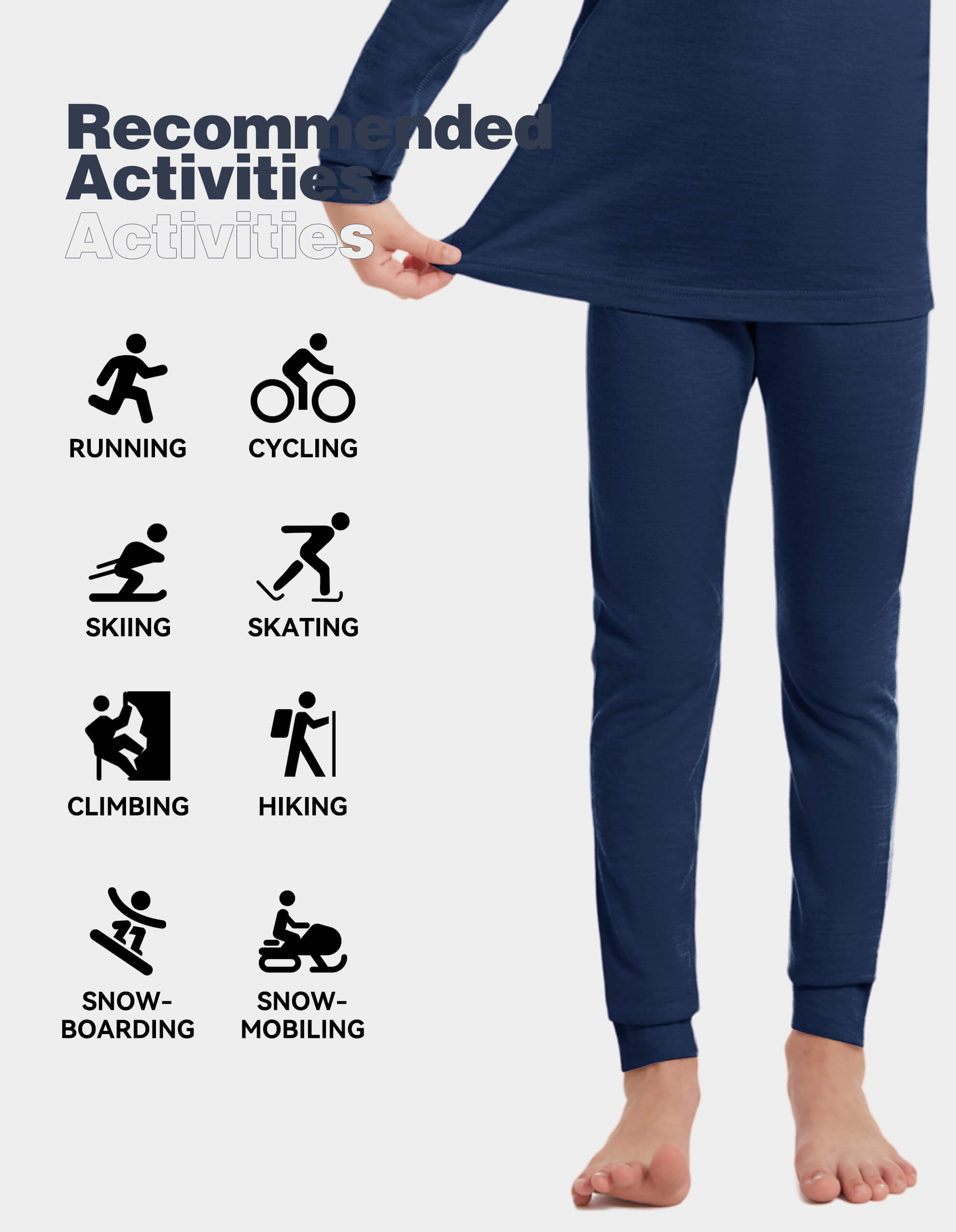 Woolcano Kid's 190 Merino Wool Unisex Base Layer Pants Lightweight Thermal Underwear Bottom