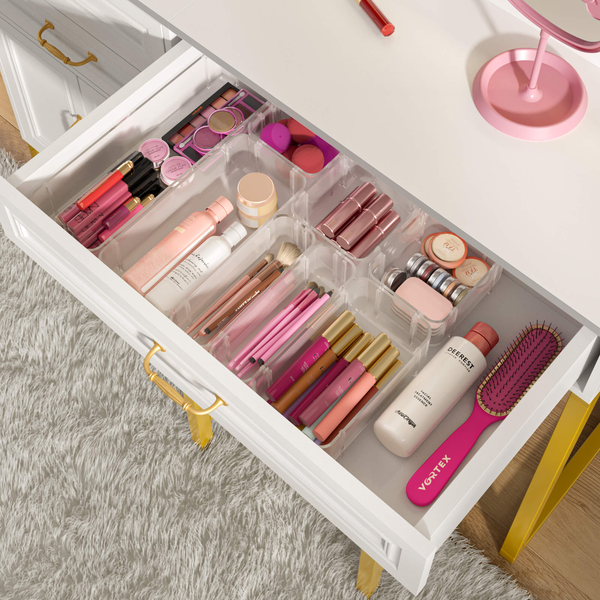 Makeup Vanity Desk with Lights and Mirror, Glass Top Vanity Table with Power Outlet, Adjustable 3-Color LED, 4-Door Vanity with Drawers and Chair for Bedroom