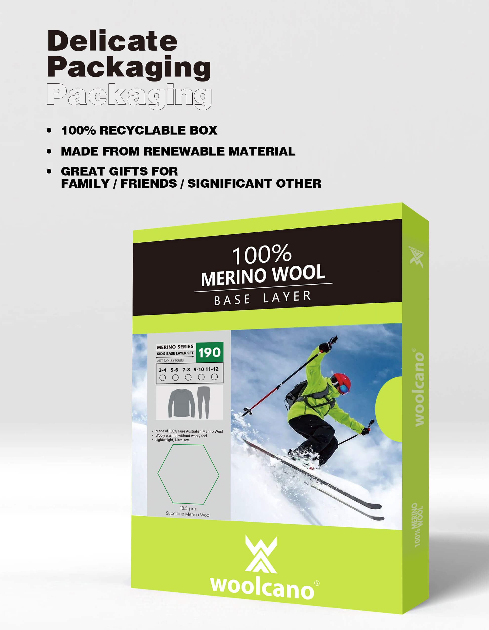 Woolcano Kids' 190 Merino Wool Unisex Base Layer Set Lightweight Thermal Underwear Set