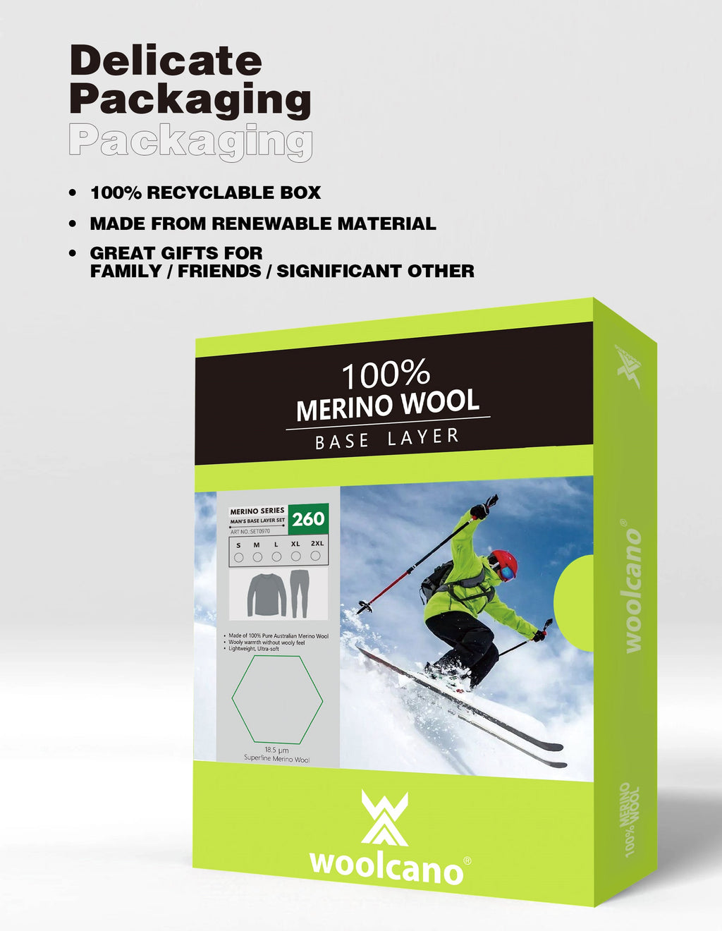 Woolcano Men’s 260 Merino Wool Base Layer Set Midweight Thermal Underwear Set