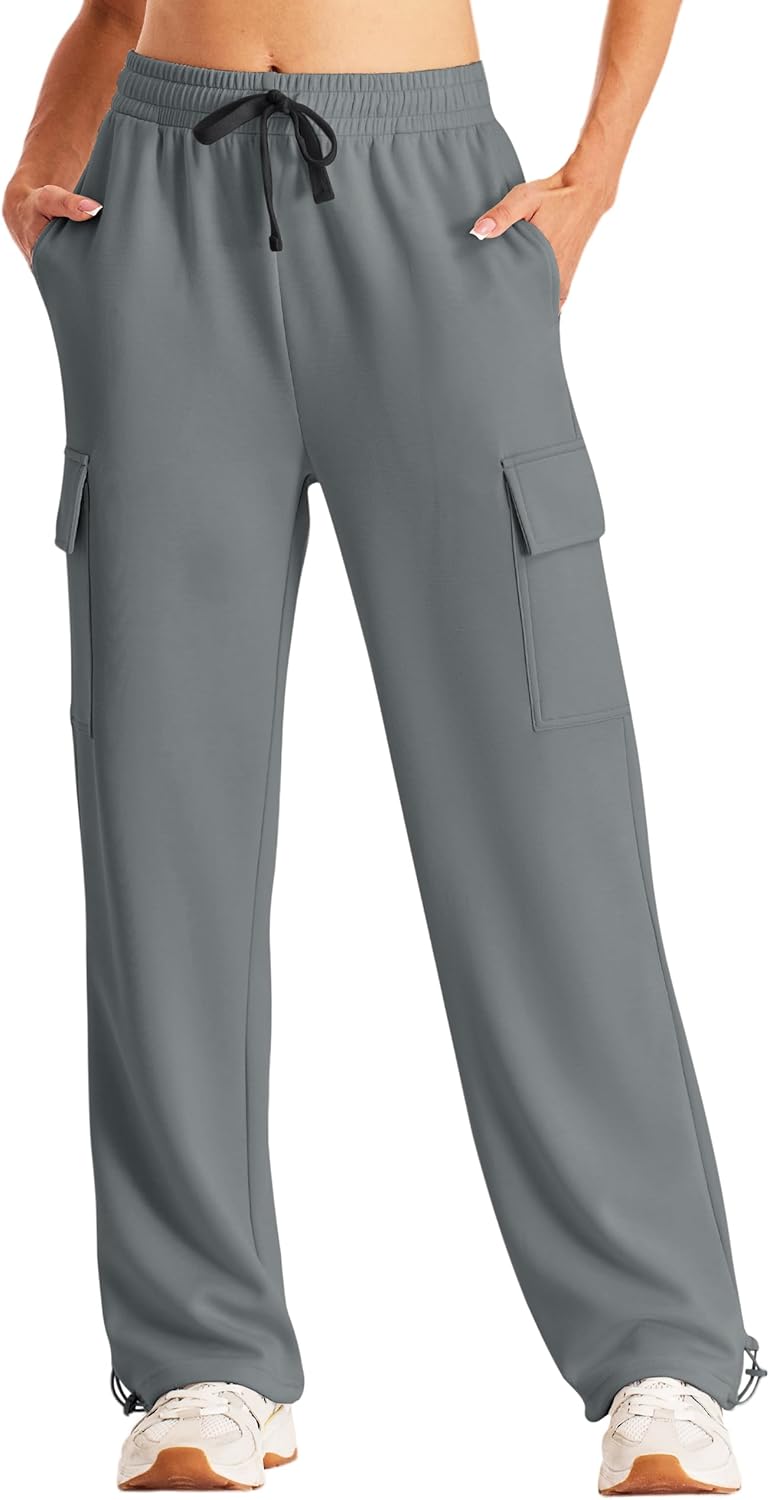 Women's Cargo Sweatpants Wide Leg High Waisted Baggy Sweat Pants Fall Flared Joggers with Pockets