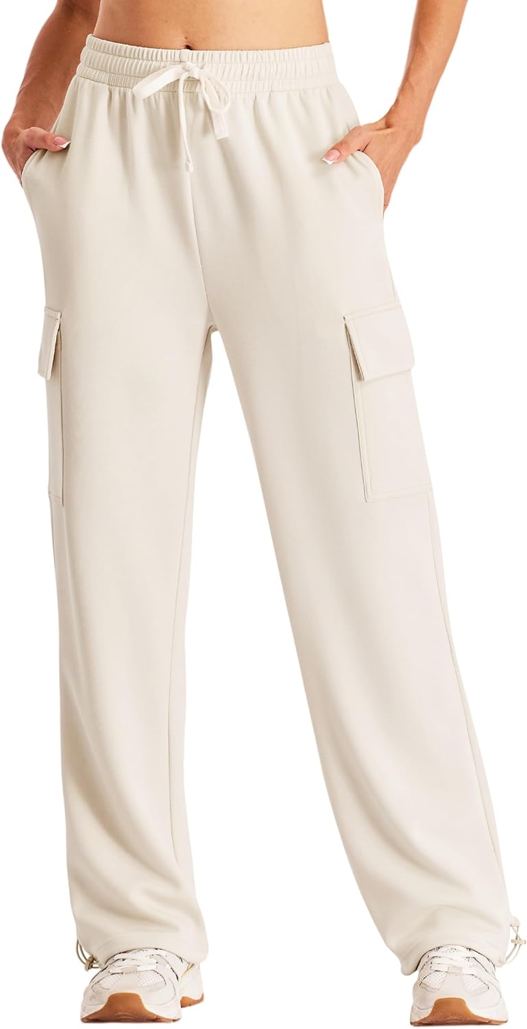 Women's Cargo Sweatpants Wide Leg High Waisted Baggy Sweat Pants Fall Flared Joggers with Pockets