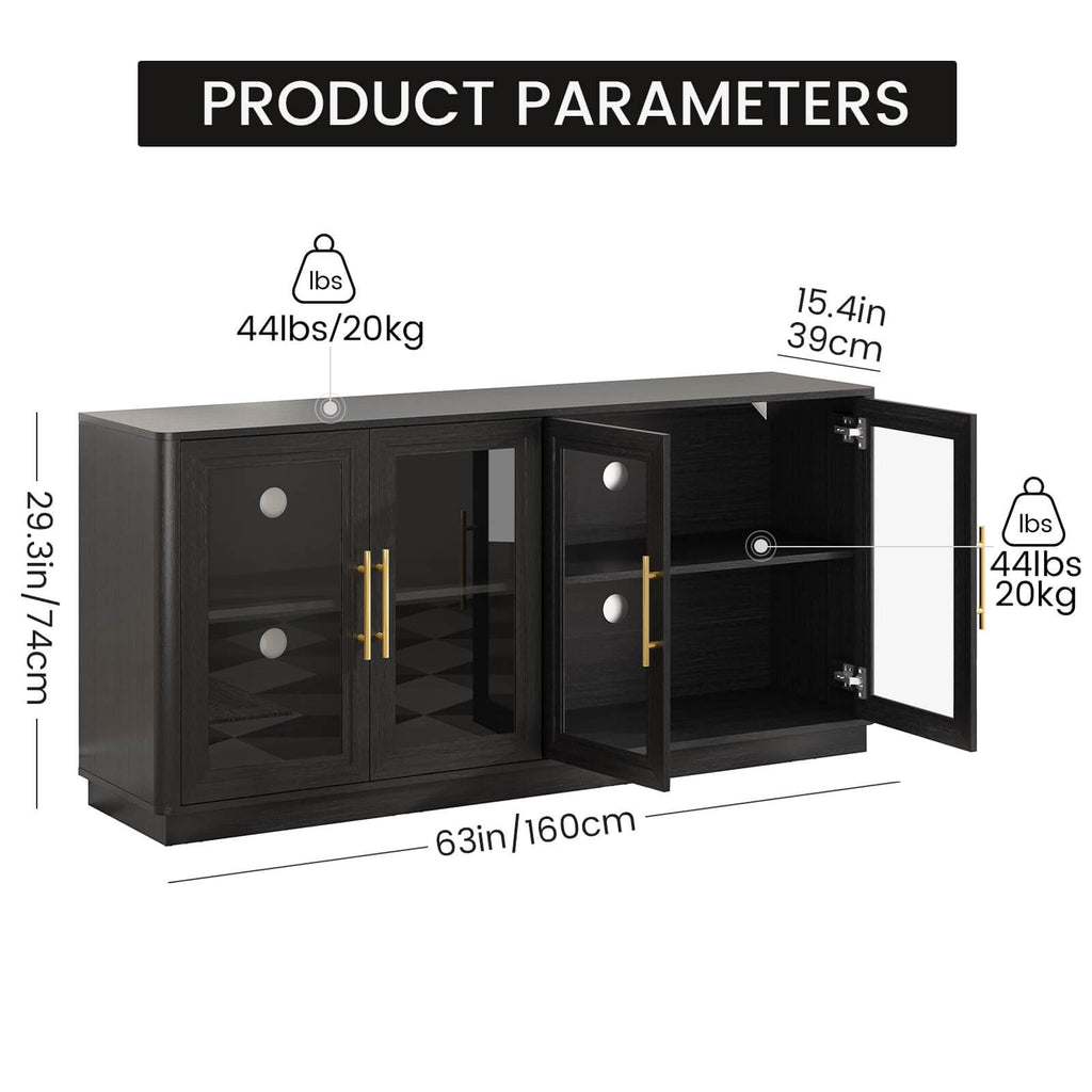 63" Buffet Cabinet with Storage, Modern Sideboard with 4 Glass Doors, Large Dining Room Credenza, TV Stand & Coffee Bar Cabinet