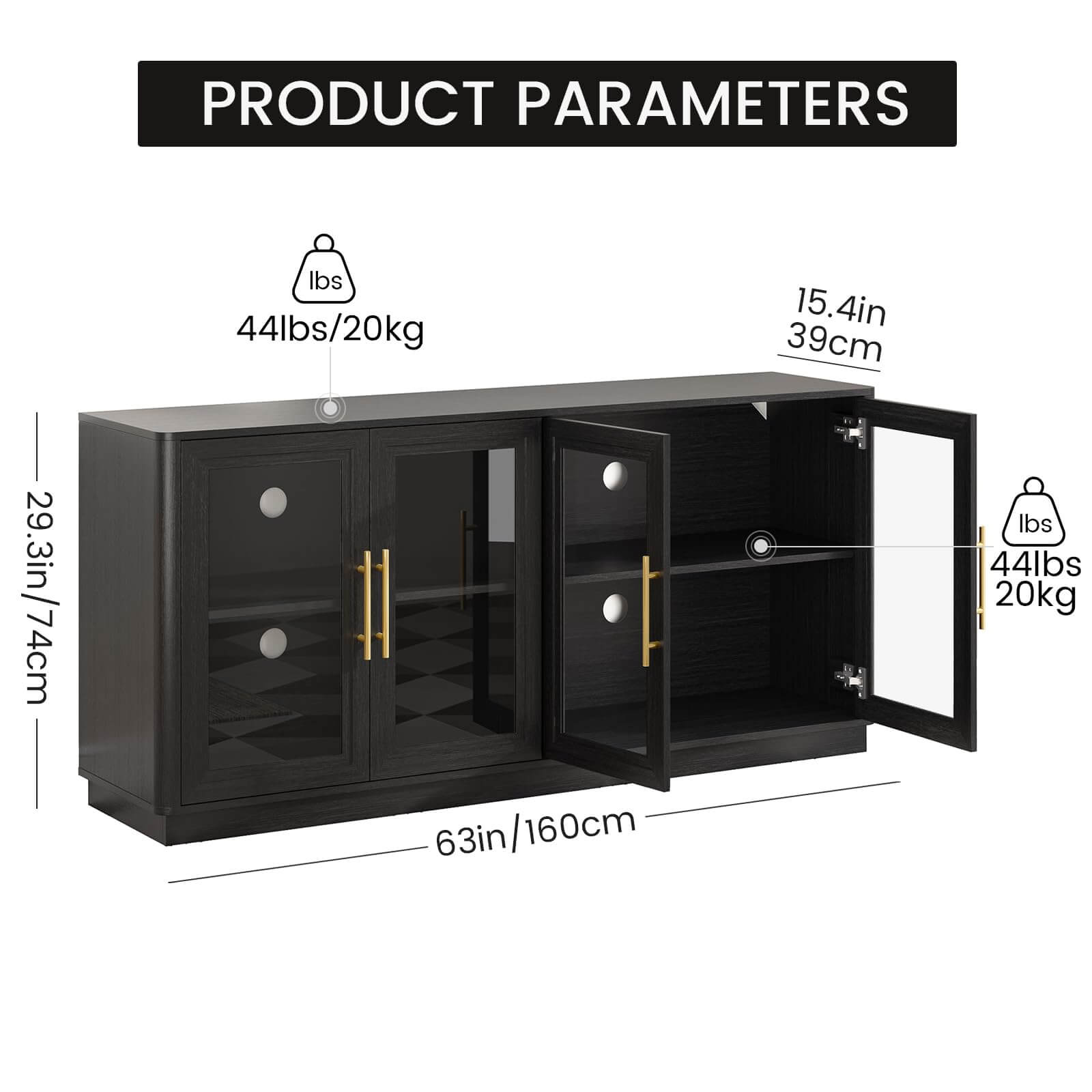 63" Buffet Cabinet with Storage, Modern Sideboard with 4 Glass Doors, Large Dining Room Credenza, TV Stand & Coffee Bar Cabinet
