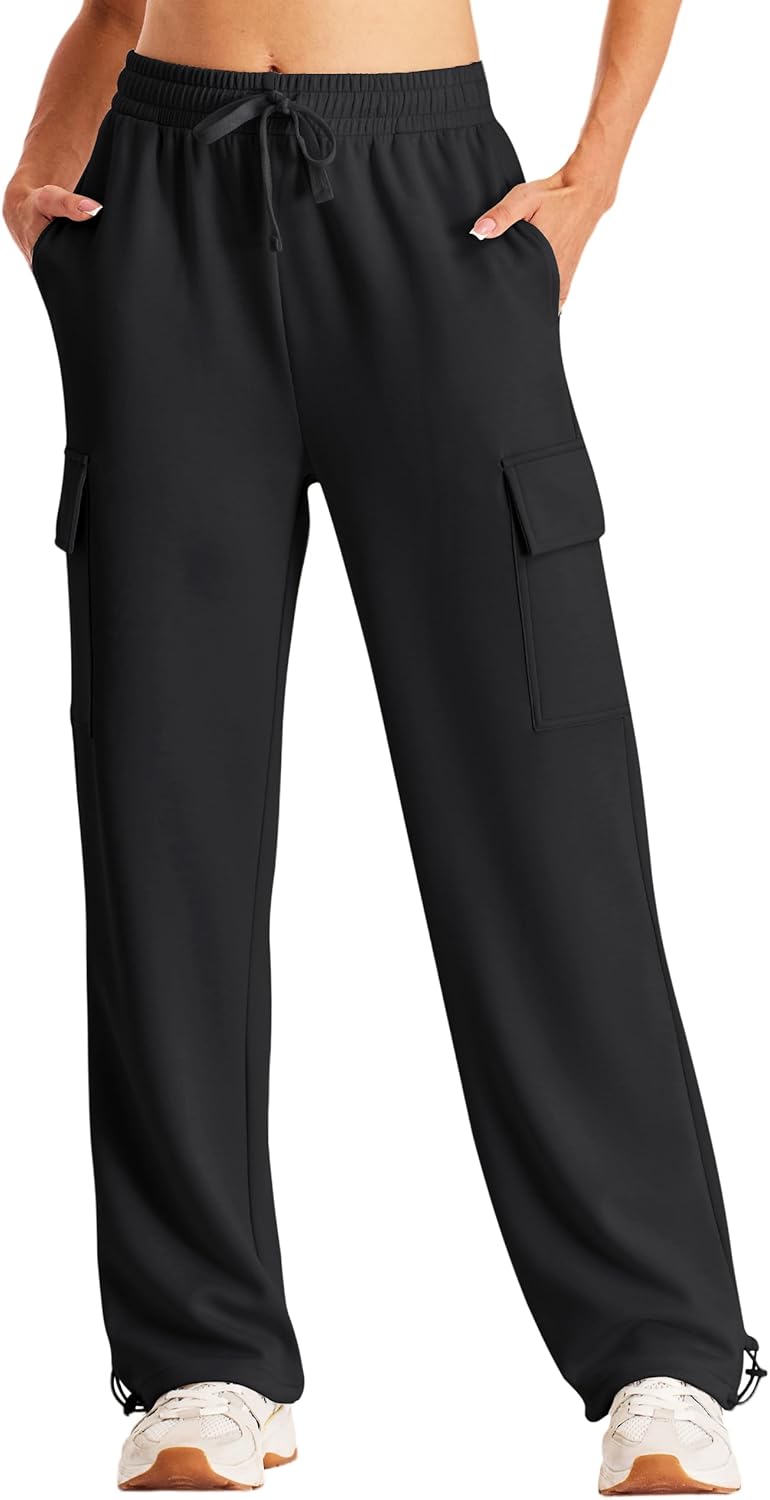 Women's Cargo Sweatpants Wide Leg High Waisted Baggy Sweat Pants Fall Flared Joggers with Pockets