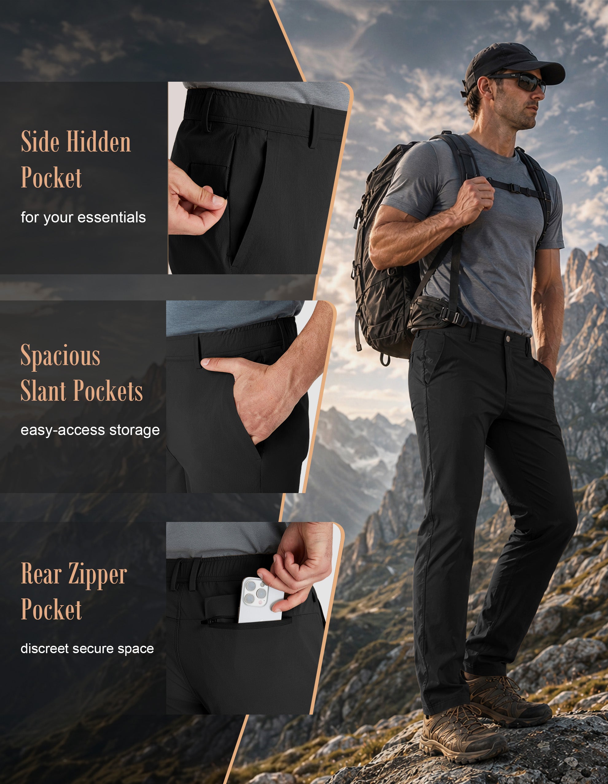 PULI Men's Hiking Pants 4-Way Stretch Quick Dry Water Resistant Lightweight