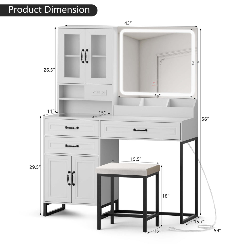 Makeup Vanity Desk with Lights and Mirror, Glass Top Vanity Table with Power Outlet, Adjustable 3-Color LED, 4-Door Vanity with Drawers and Chair for Bedroom