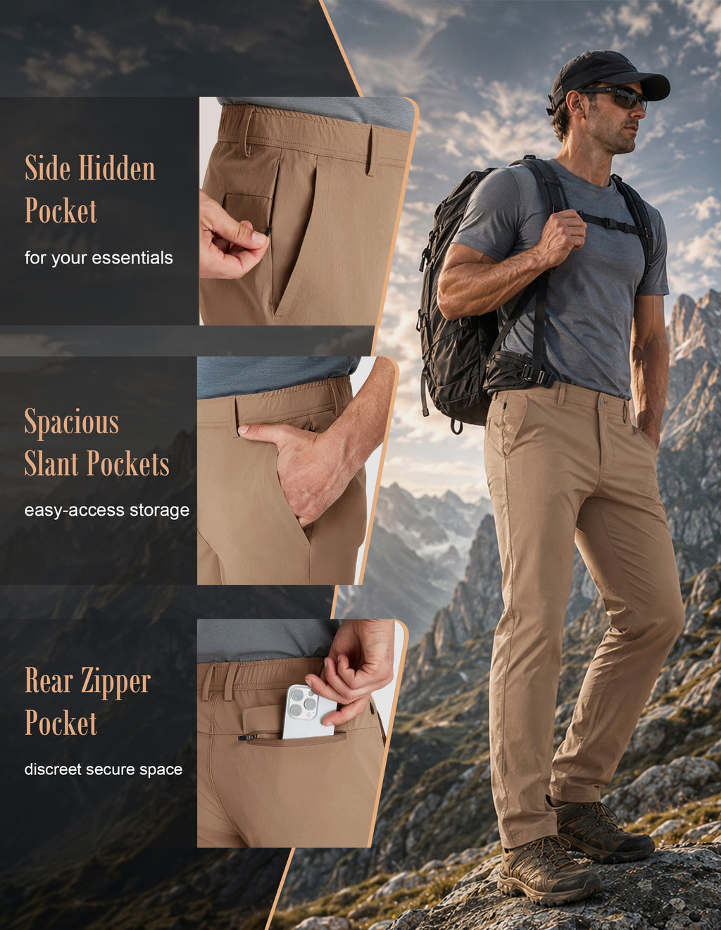 PULI Men's Hiking Pants 4-Way Stretch Quick Dry Water Resistant Lightweight