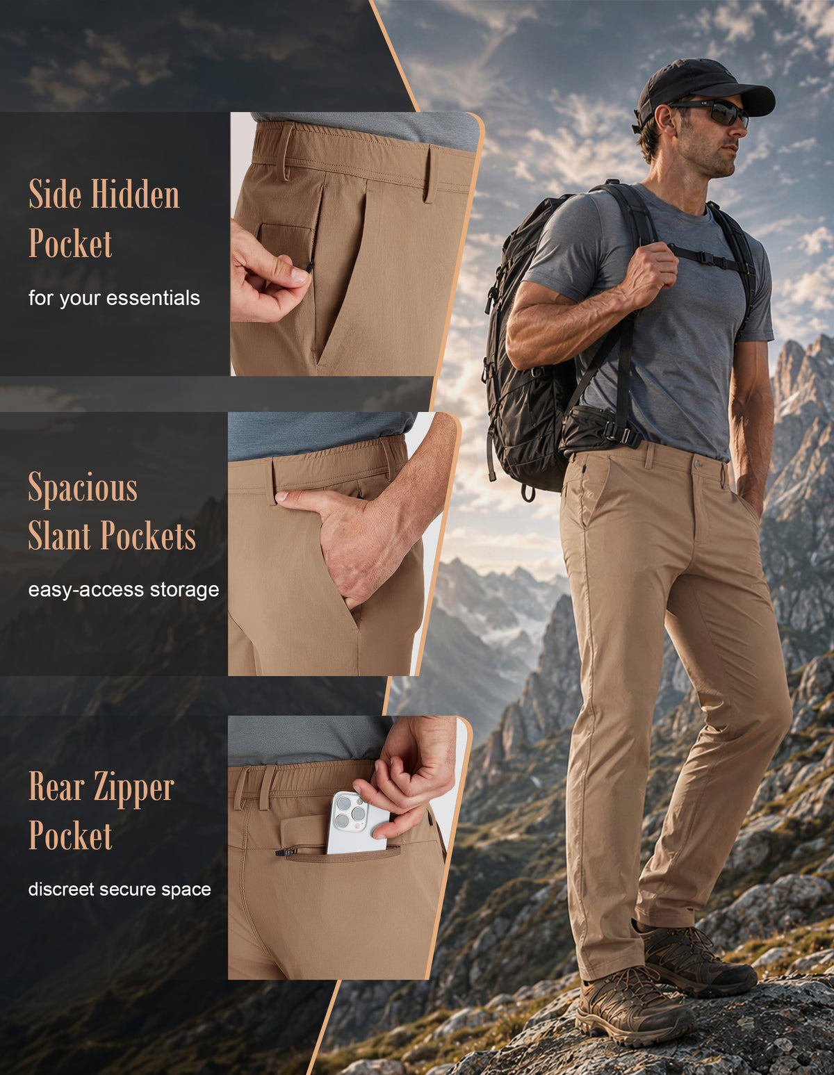 PULI Men's Hiking Pants 4-Way Stretch Quick Dry Water Resistant Lightweight