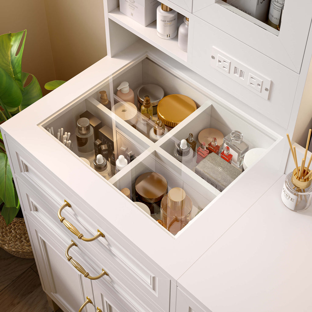 Makeup Vanity Desk with Lights and Mirror, Glass Top Vanity Table with Power Outlet, Adjustable 3-Color LED, 4-Door Vanity with Drawers and Chair for Bedroom