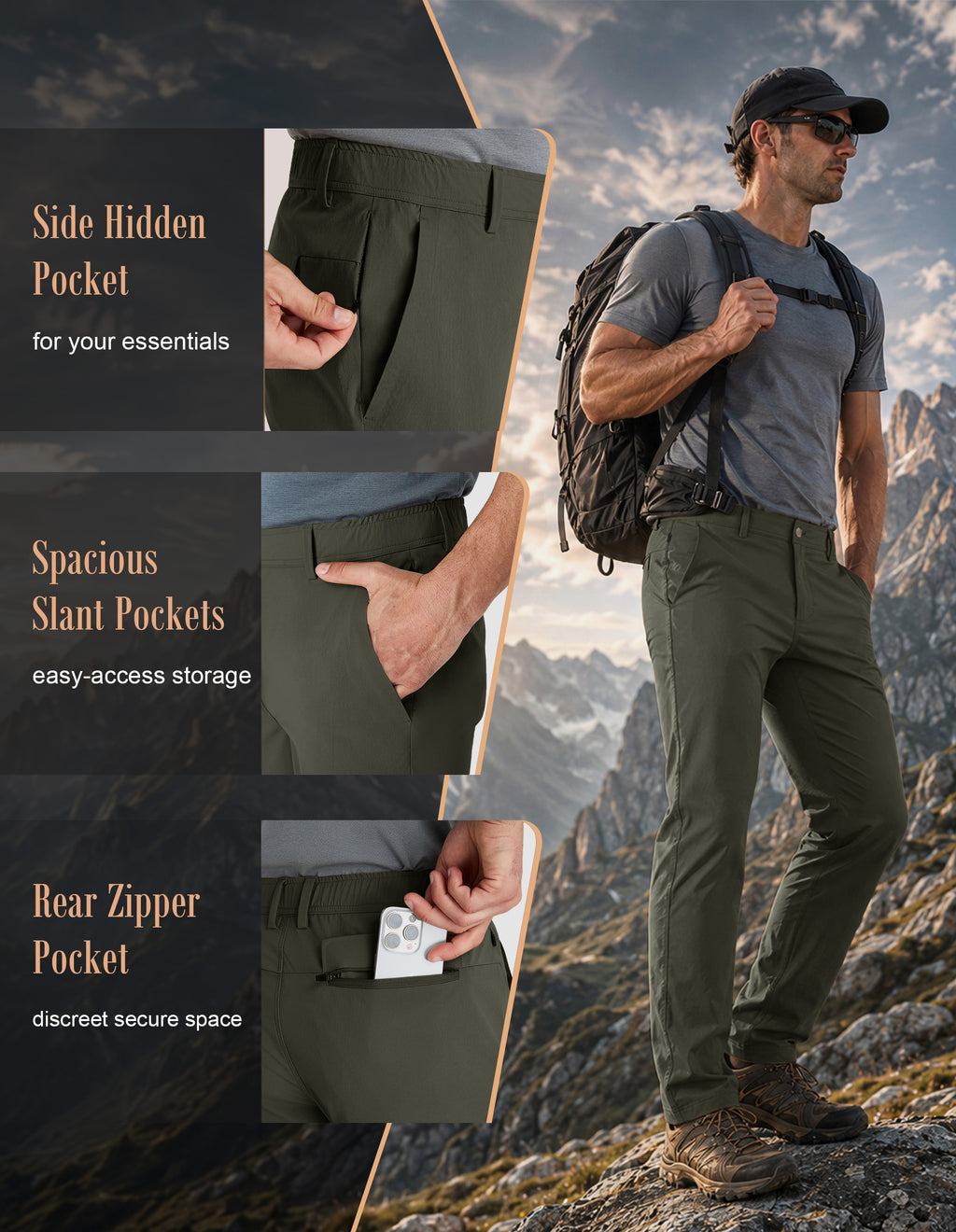 PULI Men's Hiking Pants 4-Way Stretch Quick Dry Water Resistant Lightweight