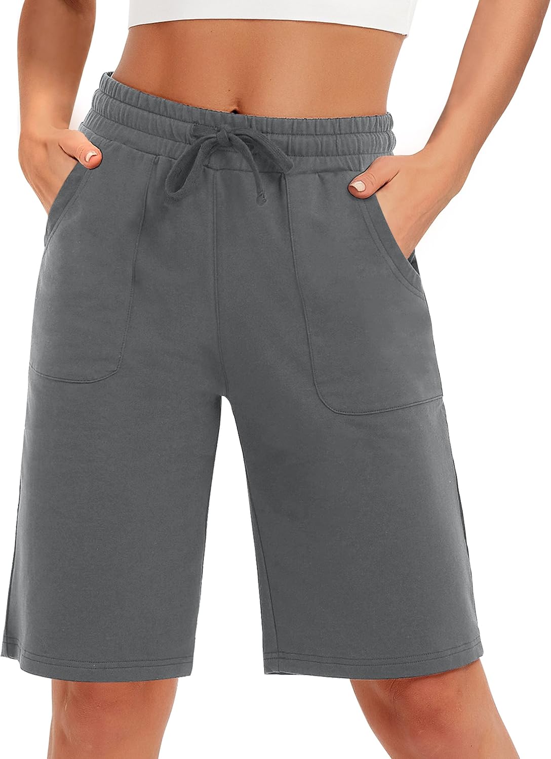 PULI Women's Cotton Sweat Shorts with Pockets  10" Athletic Lounge Sports Workout Bermuda Knee Shorts