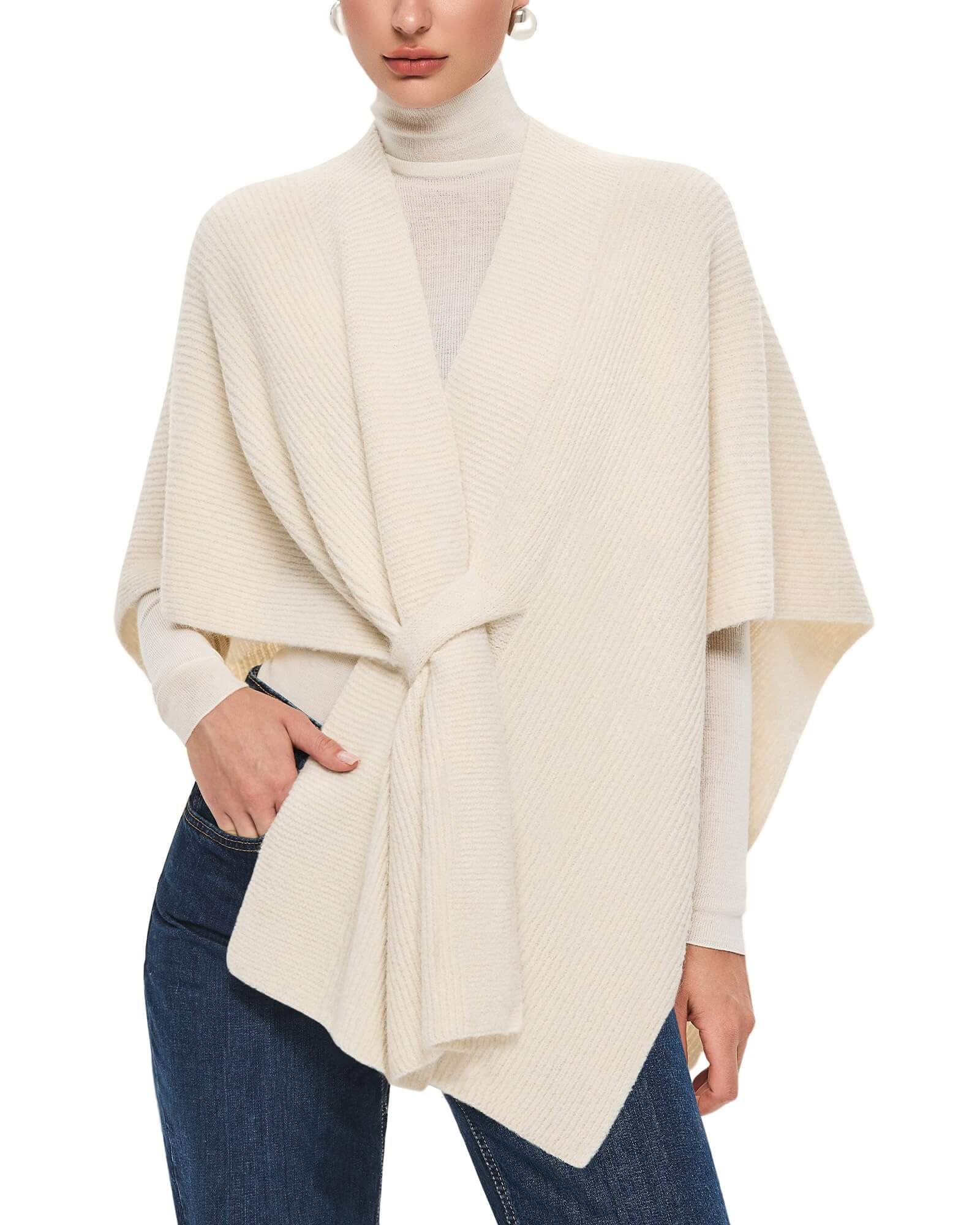Structured knit helps maintain clean lines PULI shawl wrap in ivory with clean drape