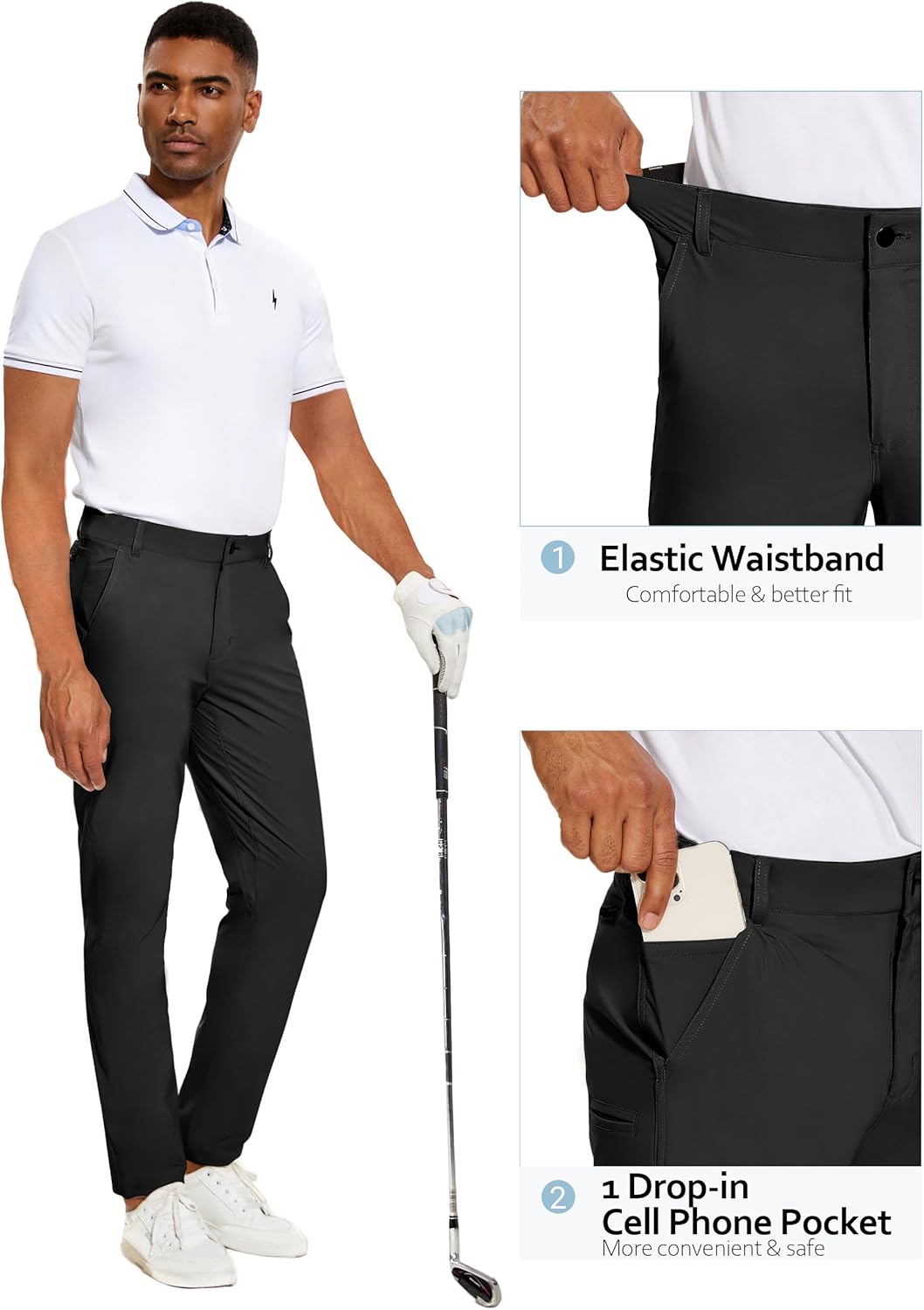 PULI Men's Golf Pants Stretch Slim Fit Lightweight Waterproof Casual Hiking Work Pants with Pockets