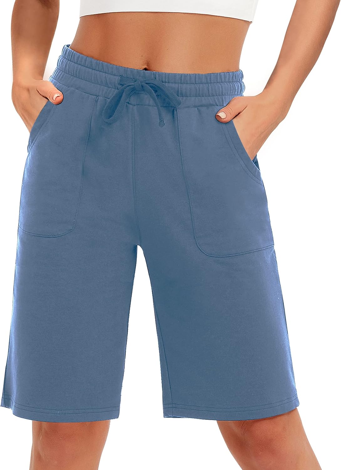 PULI Women's Cotton Sweat Shorts with Pockets  10" Athletic Lounge Sports Workout Bermuda Knee Shorts