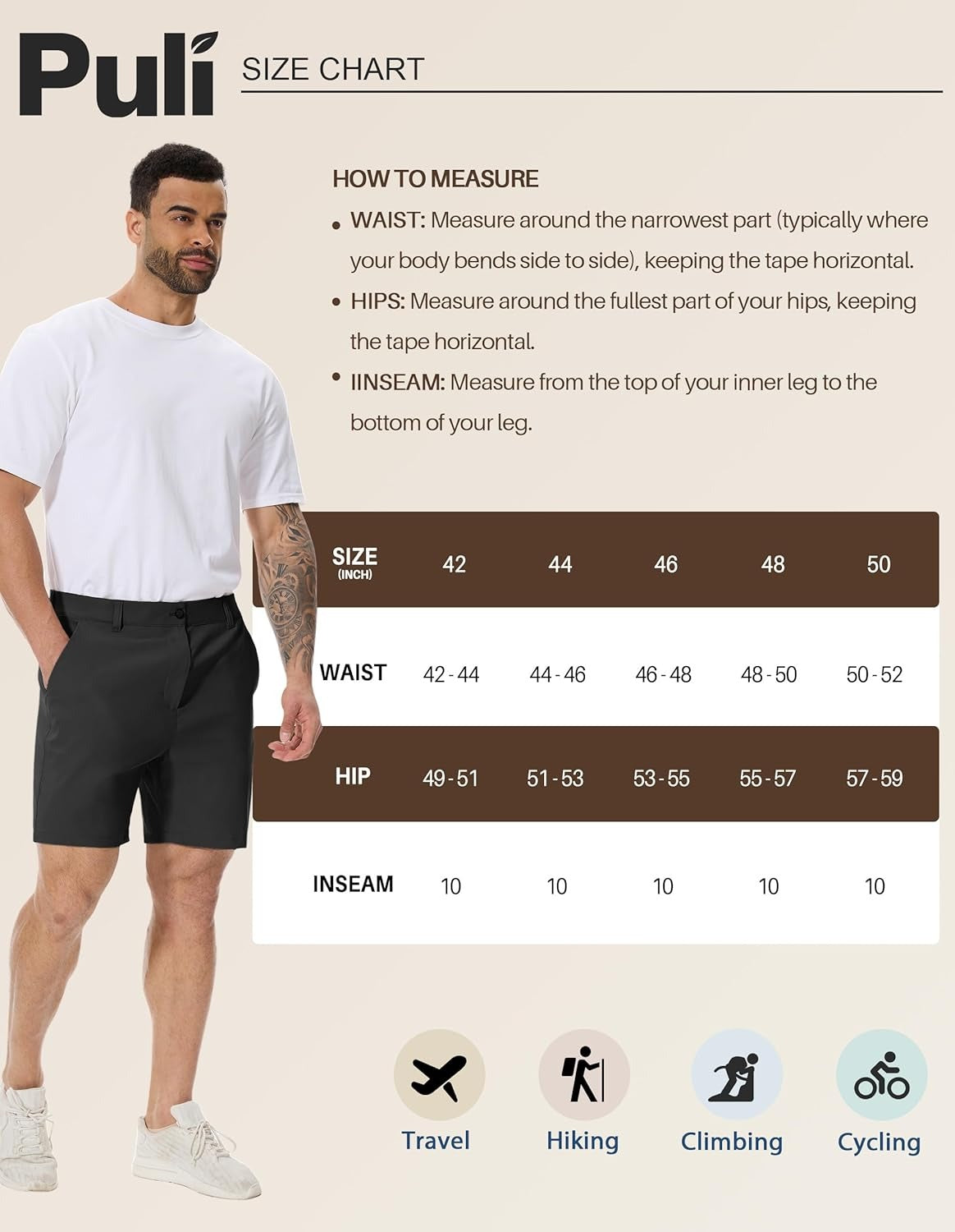PULI Men's Big & Tall Golf Shorts Stretch 10 Inch Inseam Waterproof Lightweight Qiuck Dry Hiking Shorts