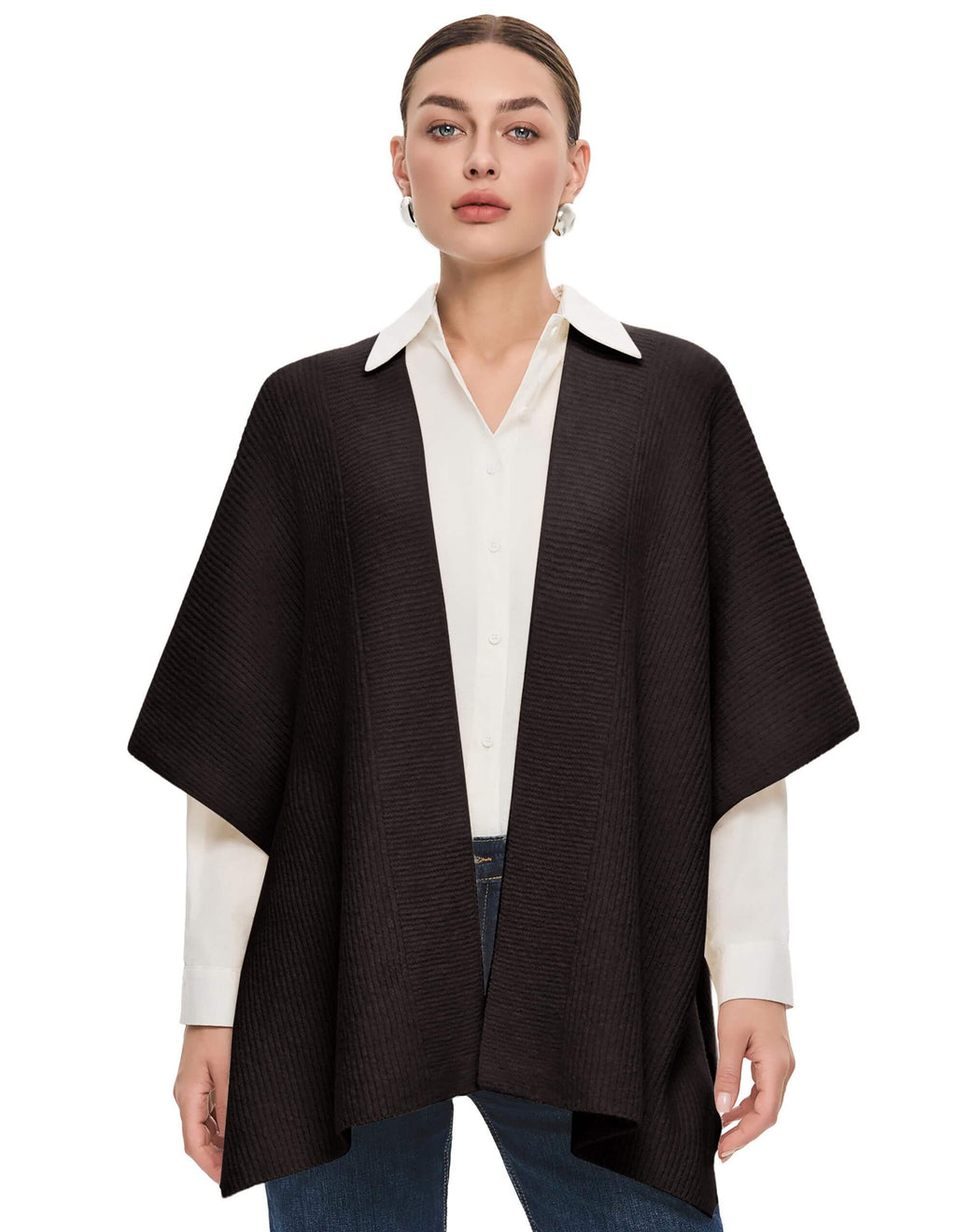 PULI Women's Open Front Shawl Wraps Casual Chunky Warm Capes Ribbed Knit Poncho Travel Sweater for Fall Winter