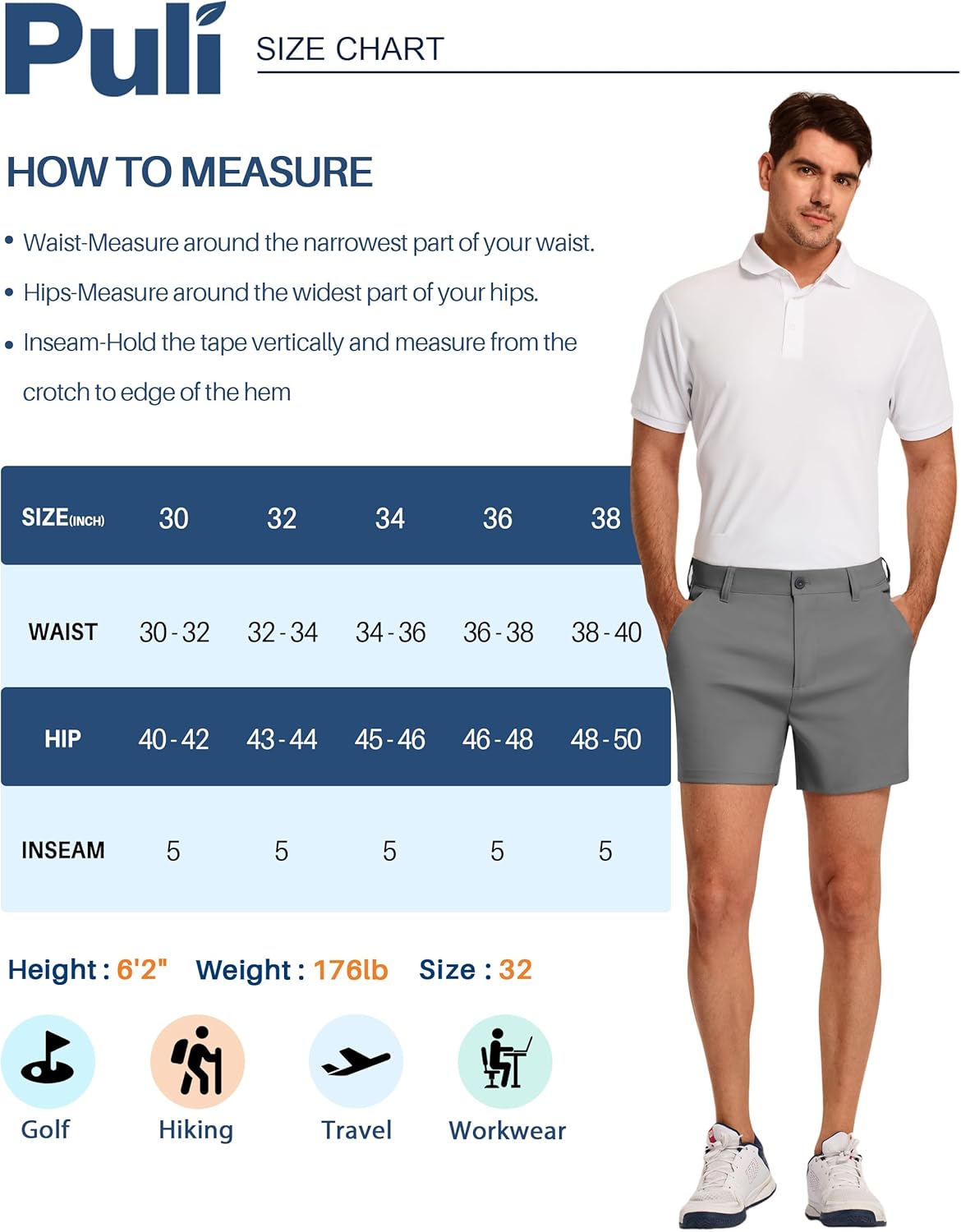 PULI Golf Shorts Men‘s 5 Inch Inseam Relaxed Fit Stretch Dress Lightweight Casual Travel Quick Dry Summer Shorts