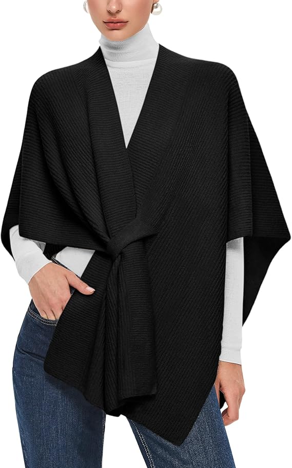 PULI Women's Shawl Wraps Casual Warm Travel Shawls Knit Poncho Sweater with Crossover Front