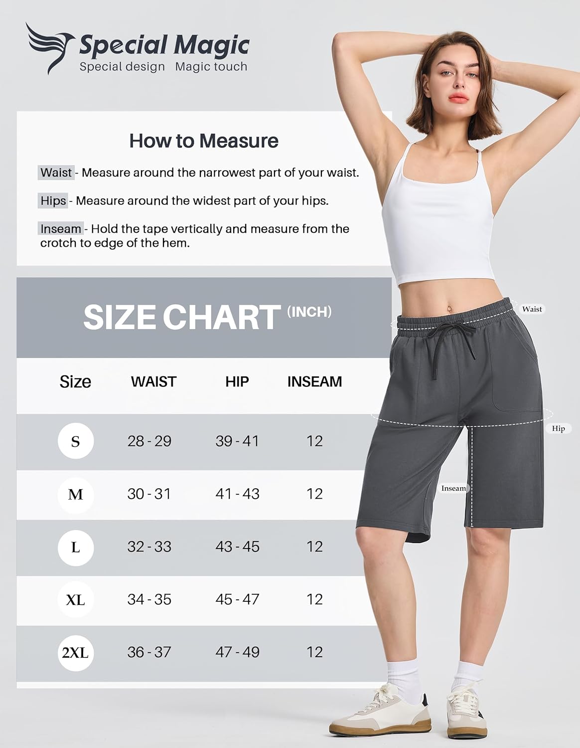 SPECIALMAGIC Women's Cotton Sweat Shorts with Pockets 12" Athletic Lounge Sports Workout Bermuda Knee Shorts