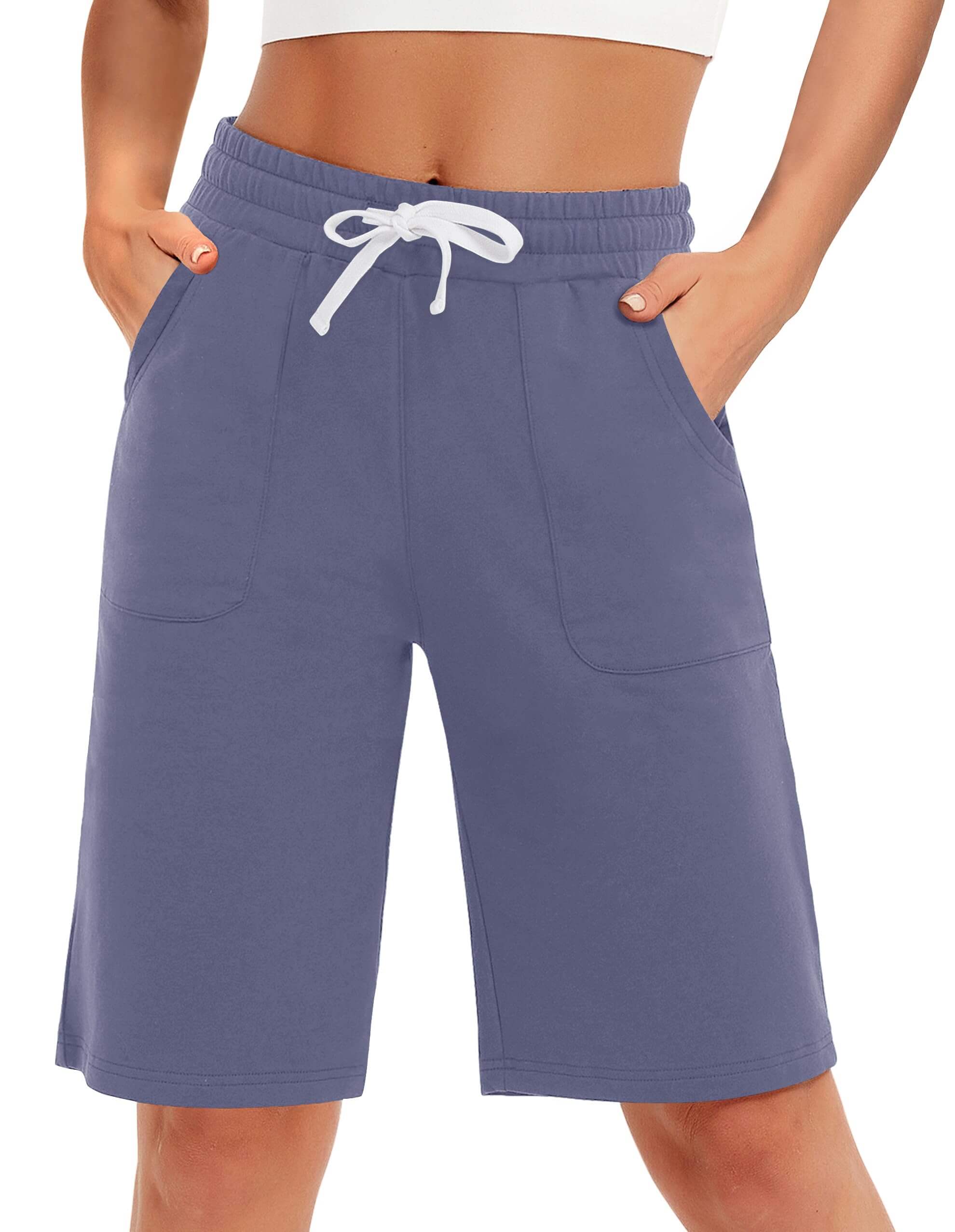 PULI Women's Cotton Sweat Shorts with Pockets  10" Athletic Lounge Sports Workout Bermuda Knee Shorts
