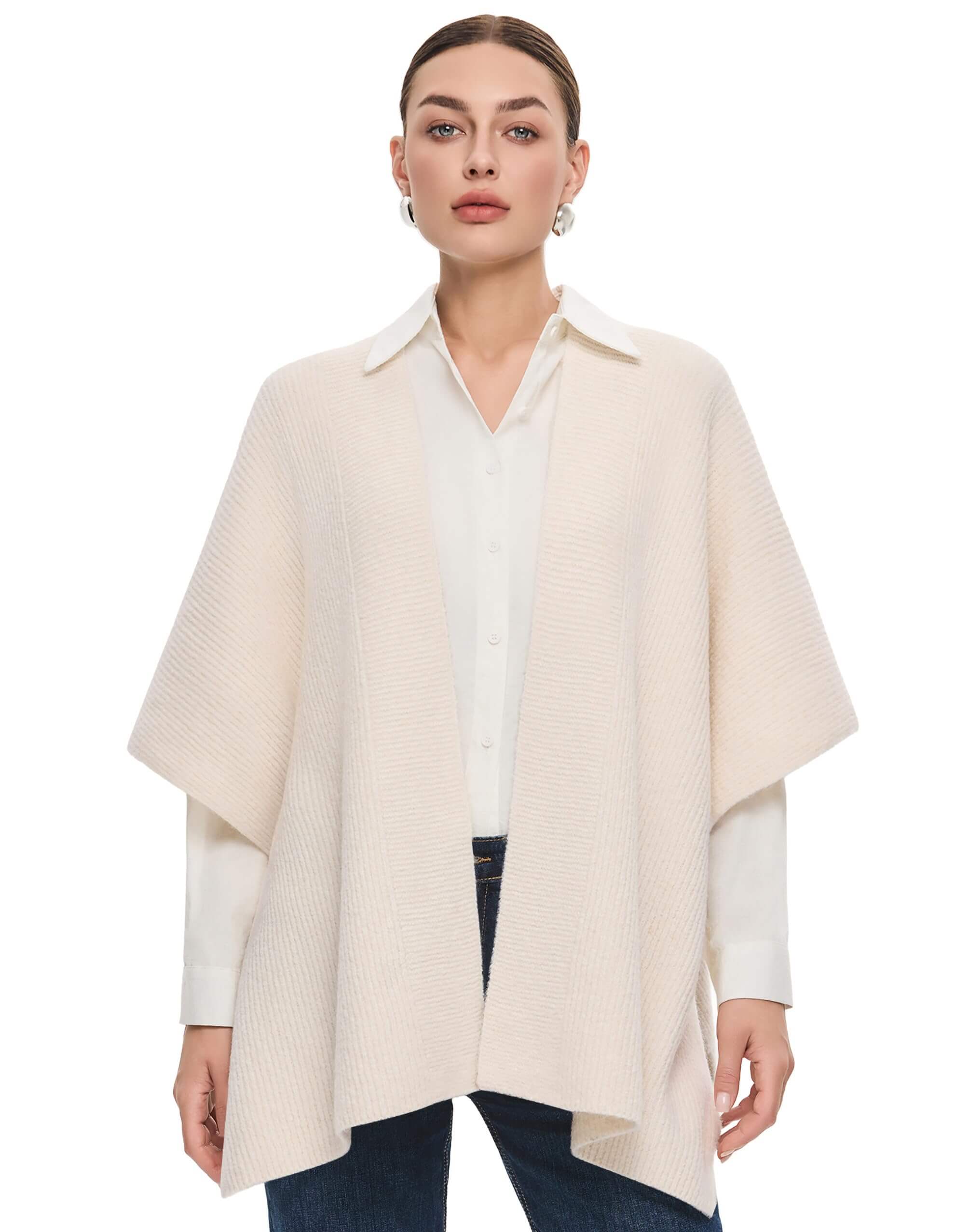 PULI Women's Open Front Shawl Wraps Casual Chunky Warm Capes Ribbed Knit Poncho Travel Sweater for Fall Winter