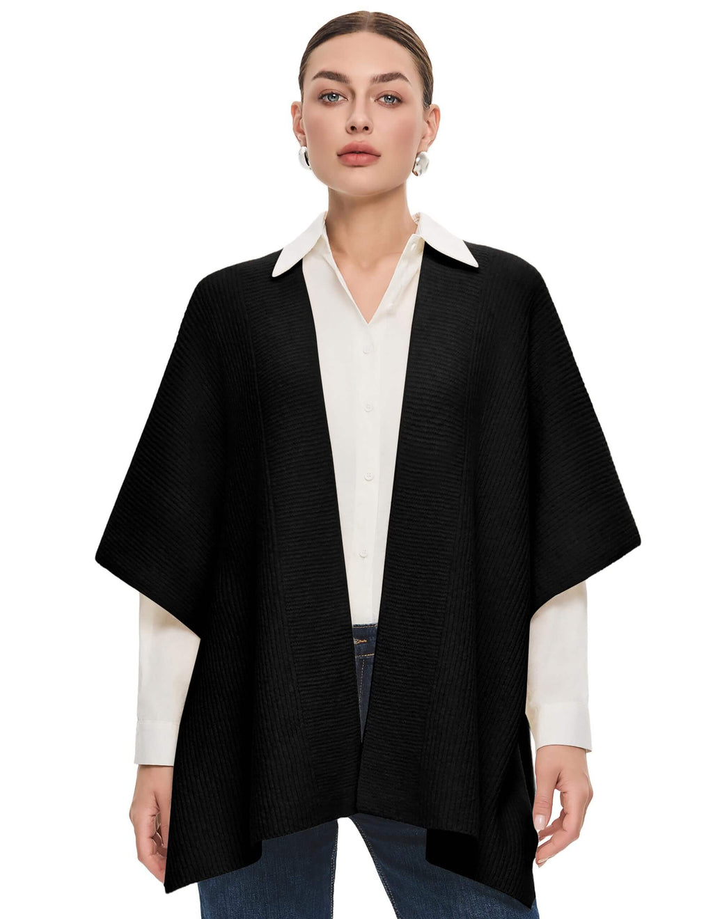 PULI Women's Open Front Shawl Wraps Casual Chunky Warm Capes Ribbed Knit Poncho Travel Sweater for Fall Winter