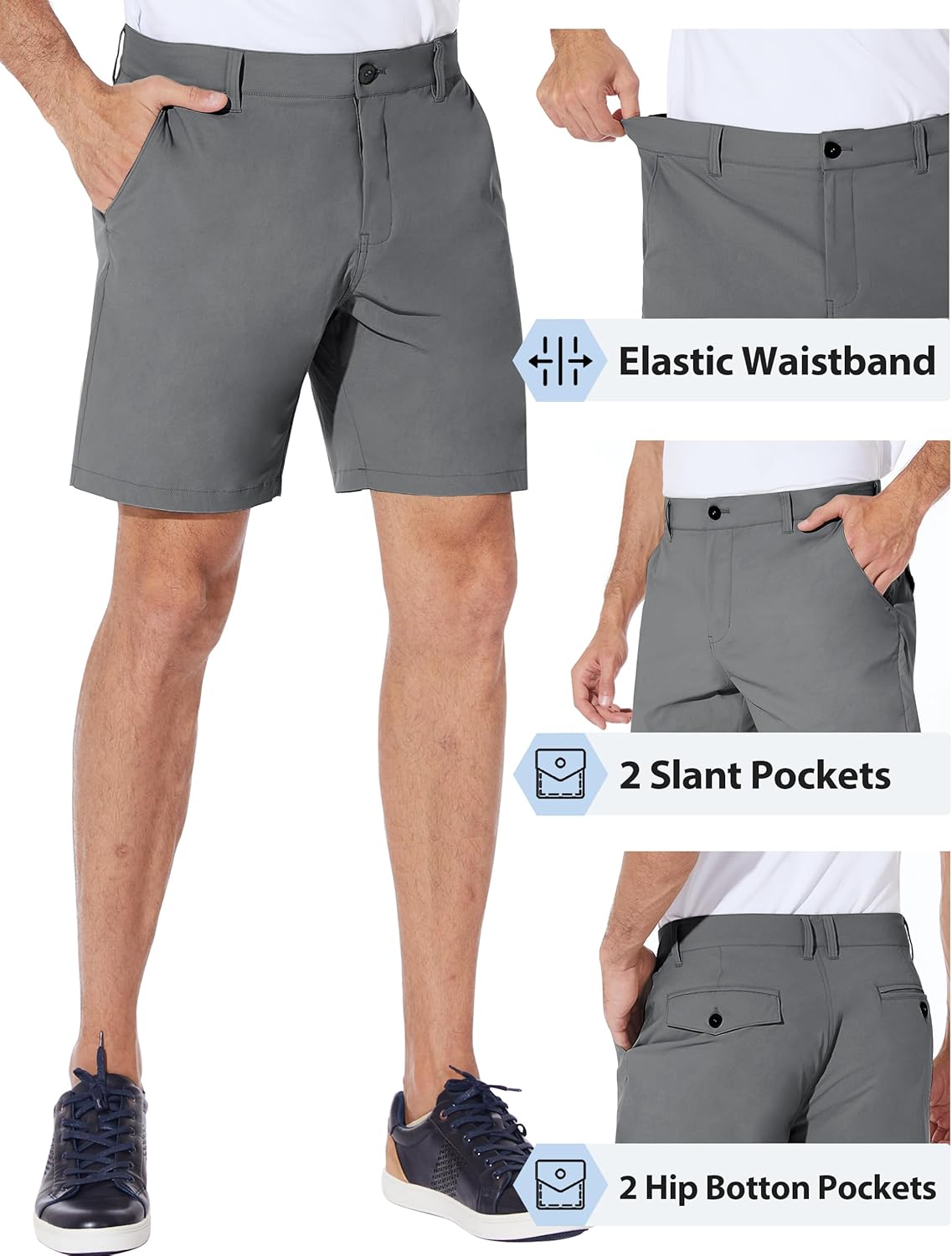 PULI Men's Golf Shorts Dress Flat Front Hybrid 7 Inch Stretch Lightweight Quick Dry Chino Casual with Pockets