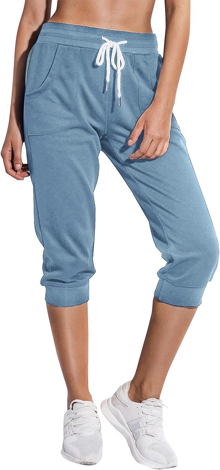 SPECIALMAGIC Women's Capri Sweatpants Cropped Jogger Running Pants Lounge Loose Fit Drawstring Waist with Side Pockets
