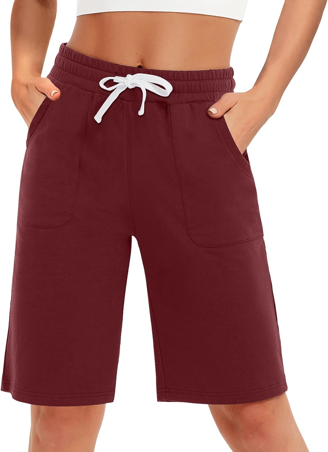 PULI Women's Cotton Sweat Shorts with Pockets  10" Athletic Lounge Sports Workout Bermuda Knee Shorts