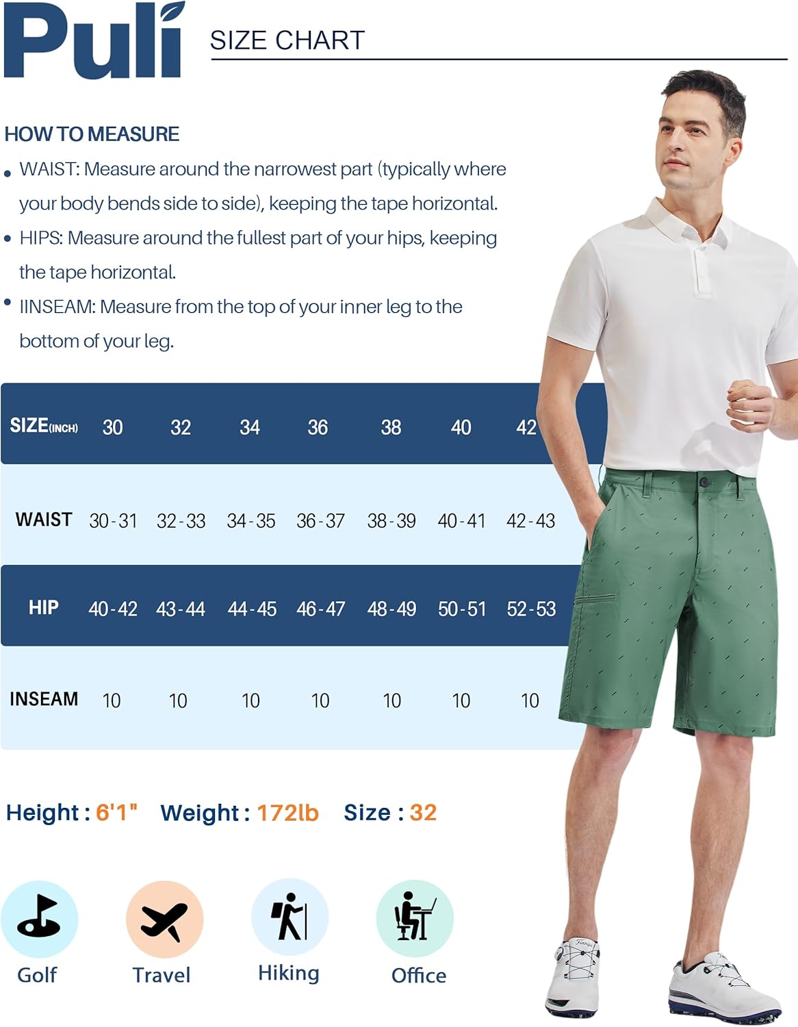 PULI Men's Golf Hybrid Dress Shorts Casual Summer Stretch Flat Front Lightweight Hiking Shorts Quick Dry with Pockets