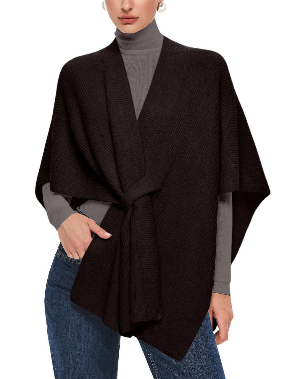 PULI Women's Shawl Wraps Casual Warm Travel Shawls Knit Poncho Sweater with Crossover Front