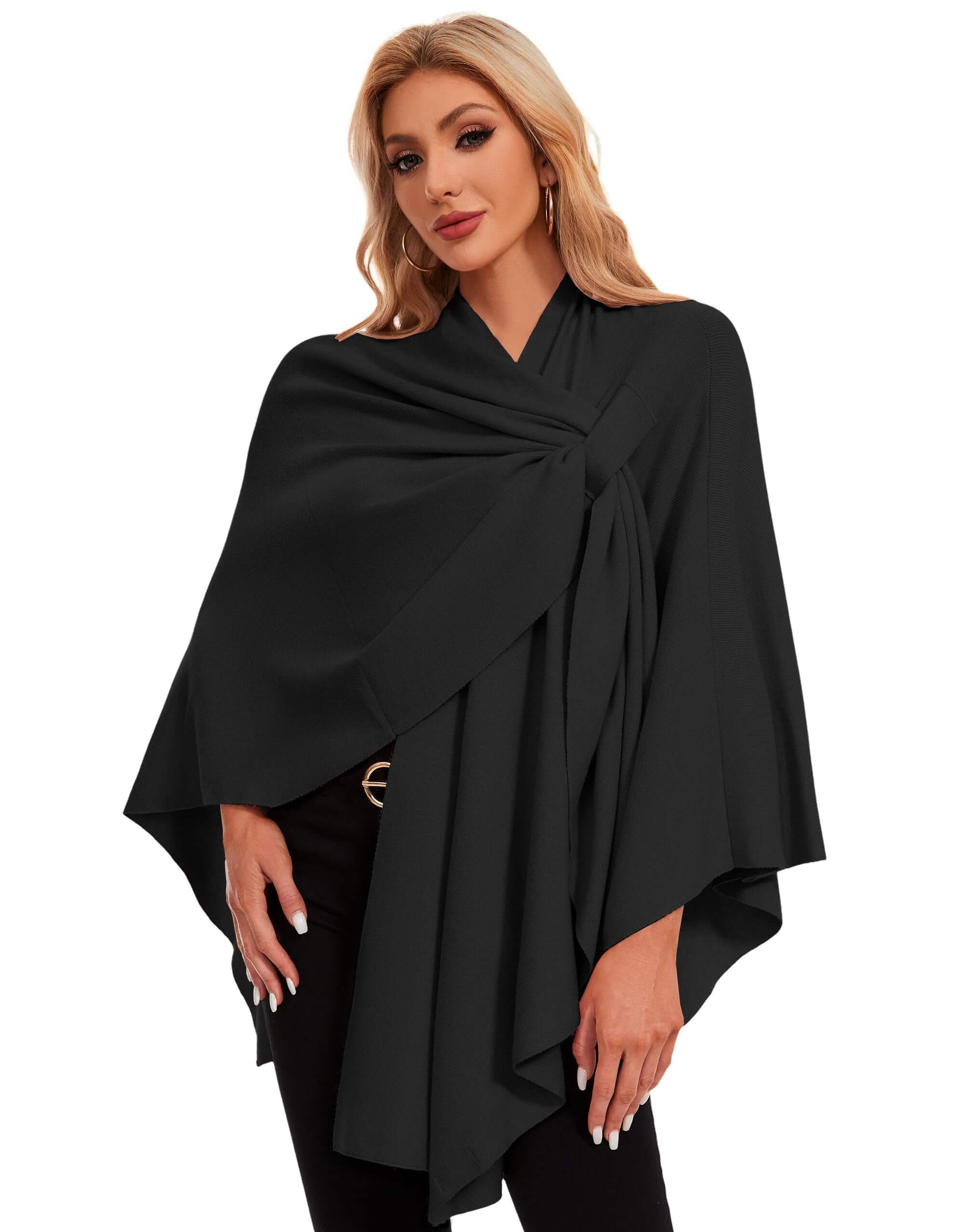 Cross-front wrap for travel and evening layering Cross-front poncho wrap with stay-put front