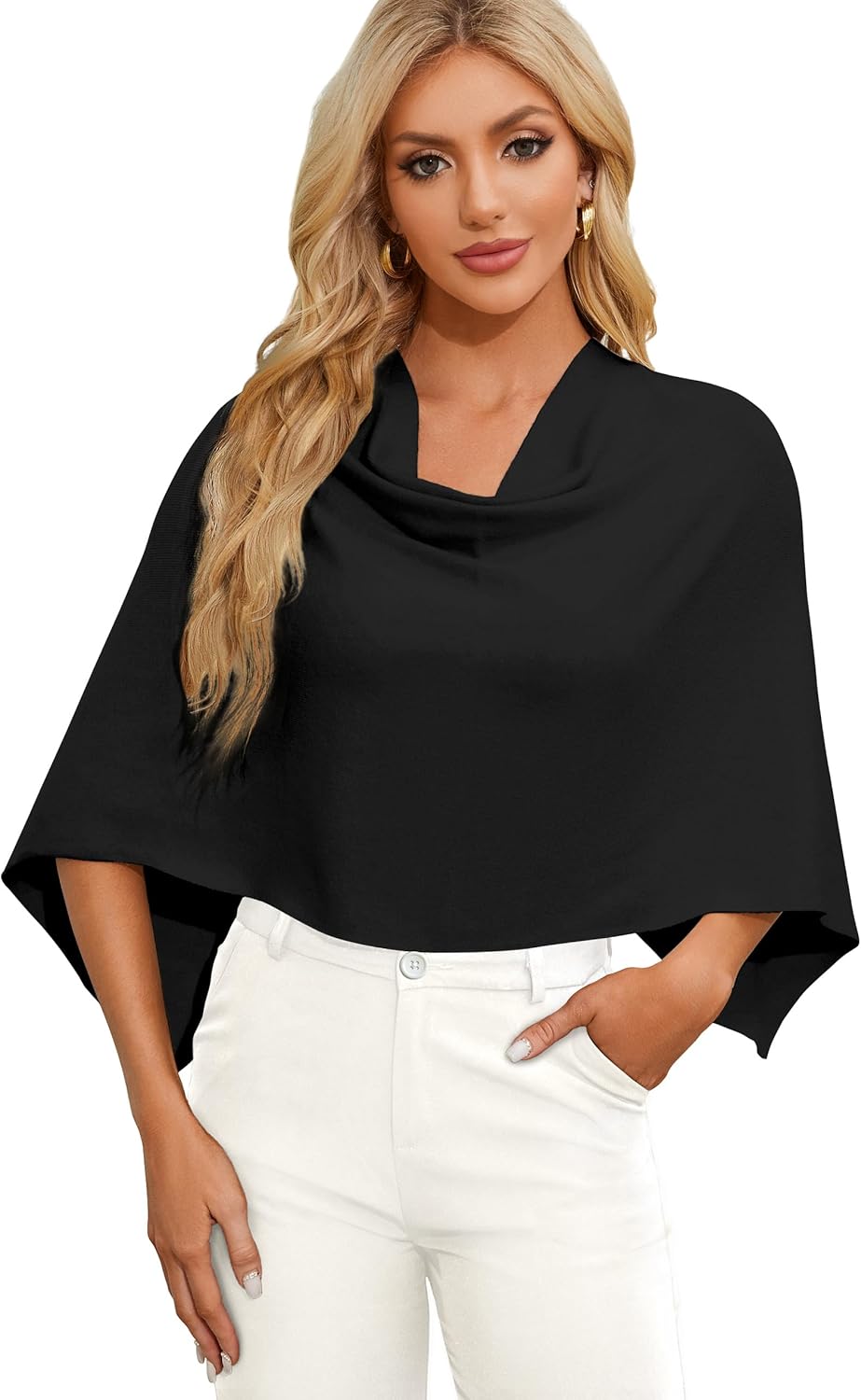 PULI Women's Capri Poncho Sweater Cropped Versatile Shawl Soft Knit Wraps Cowl Neck Short Tops